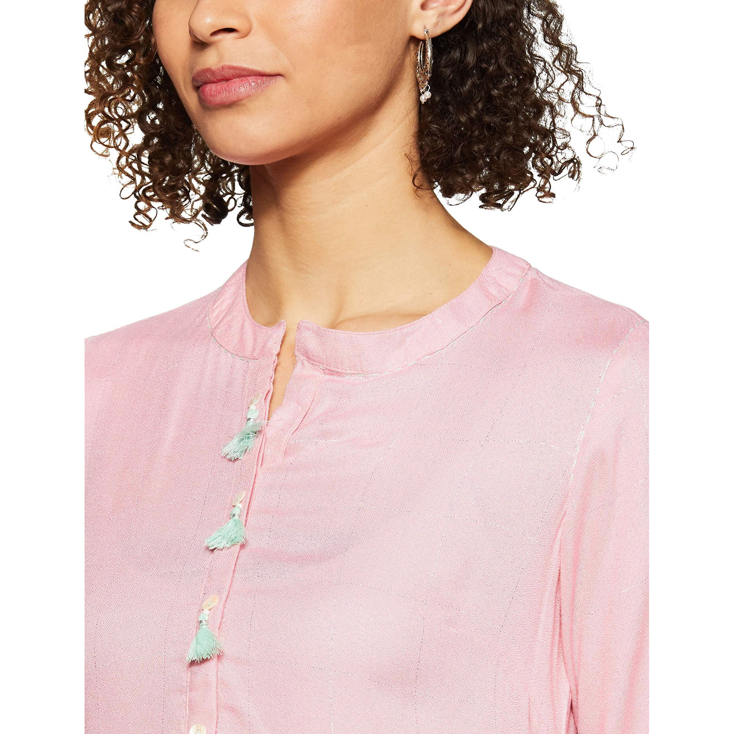 BIBA Womens Mandarin Collar Checked Kurta (Pink, Size 34)