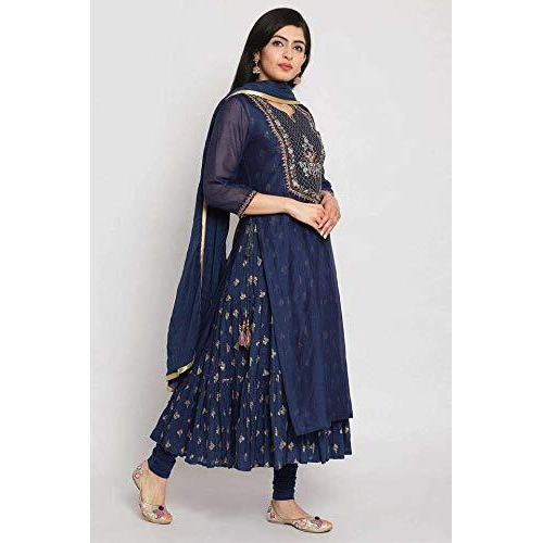 BIBA WOMEN YARNDYED FITTED SALWAR KURTA DUPATTA(SKDFORMAL7204_NAVY_32)