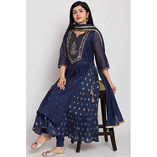 BIBA WOMEN YARNDYED FITTED SALWAR KURTA DUPATTA(SKDFORMAL7204_NAVY_32)