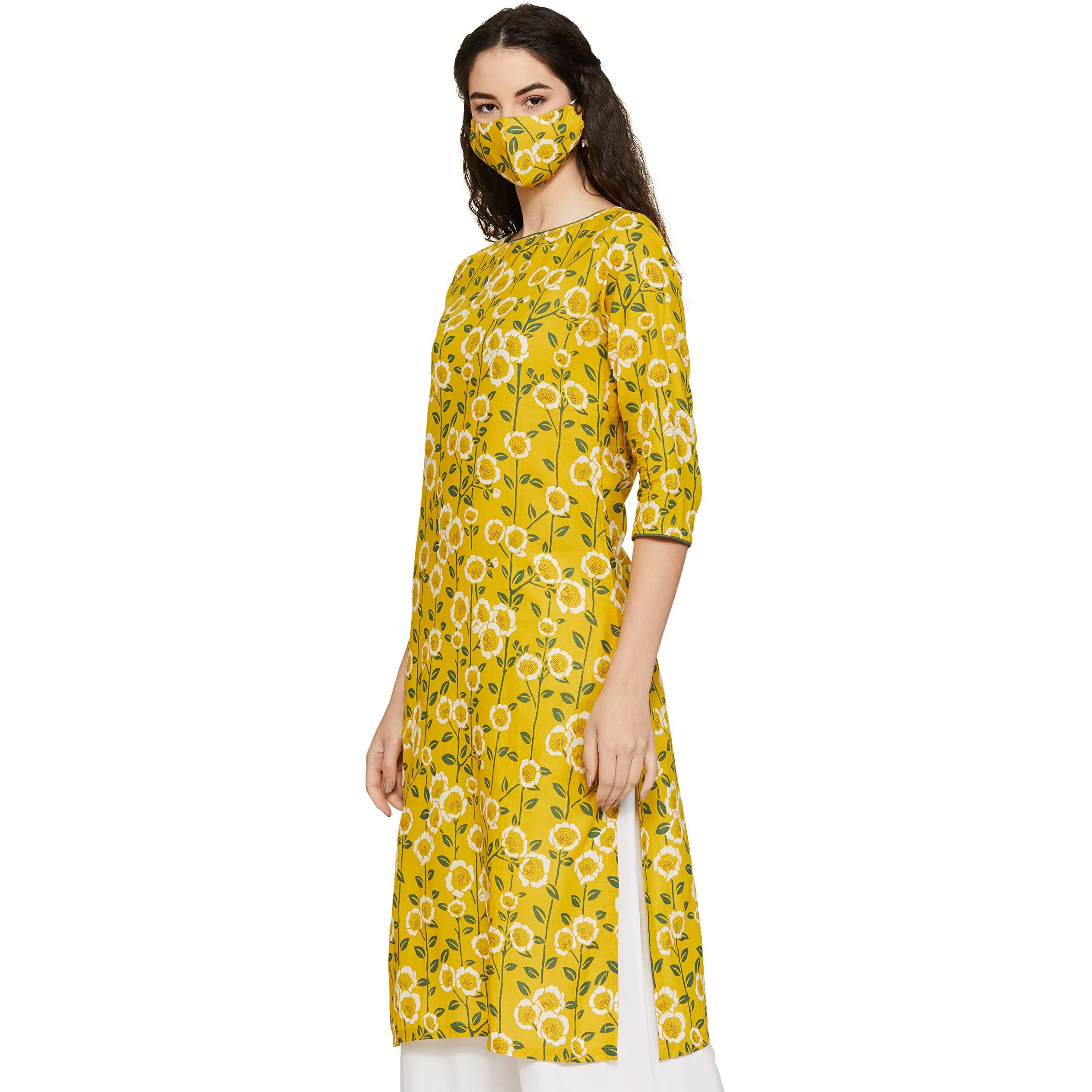 BIBA Women Cotton Printed Straight Mix and Match Kurta(Assorted16907_Mustard_34)
