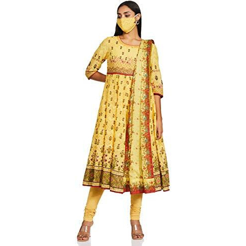 BIBA WOMEN PRINTED FITTED SALWAR KURTA DUPATTA(SKD7217_YELLOW_36)