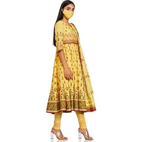 BIBA WOMEN PRINTED FITTED SALWAR KURTA DUPATTA(SKD7217_YELLOW_36)