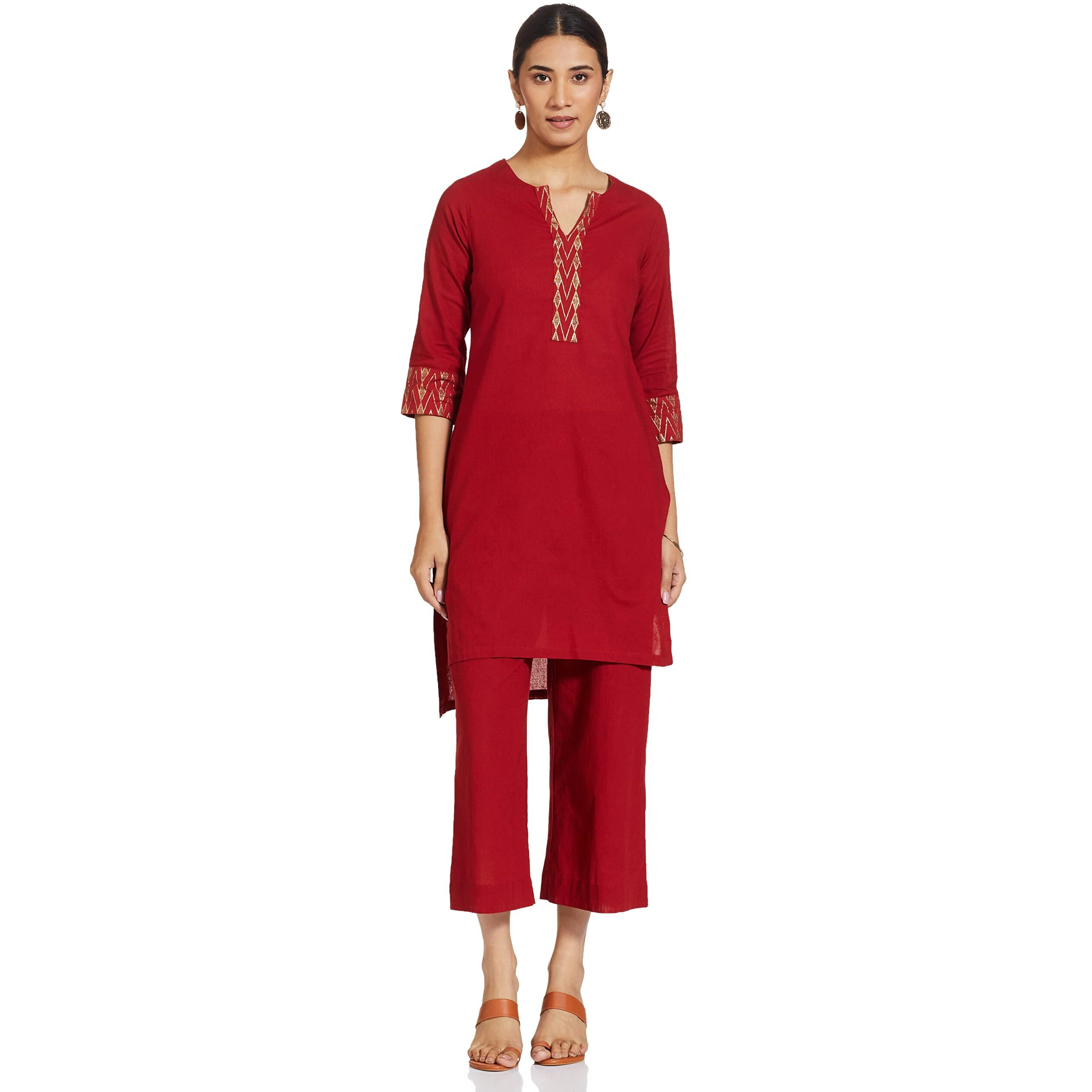 BIBA WOMEN SOLID RELAXED SALWAR KURTA DUPATTA(SKD7449E_RED_34)