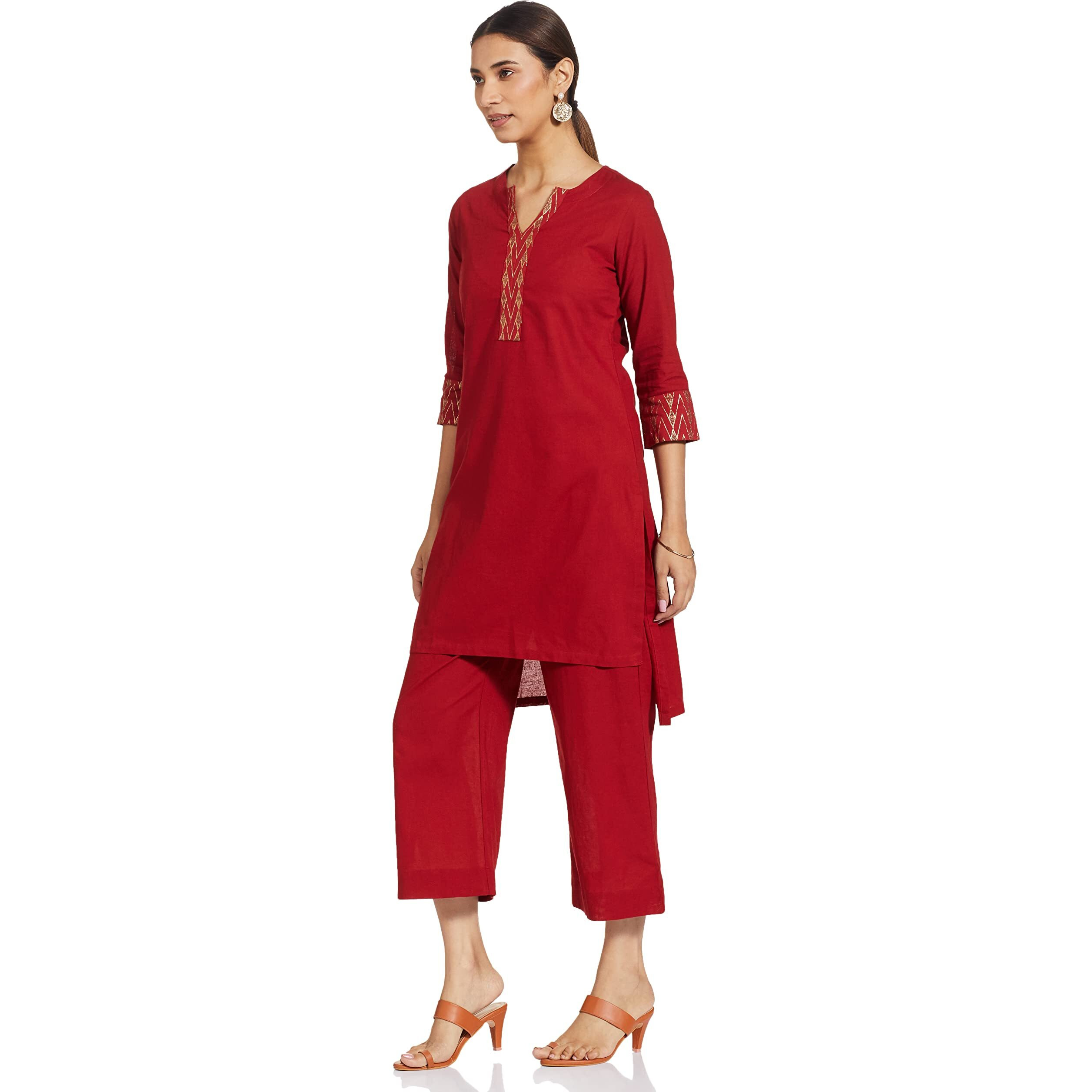 BIBA WOMEN SOLID RELAXED SALWAR KURTA DUPATTA(SKD7449E_RED_34)