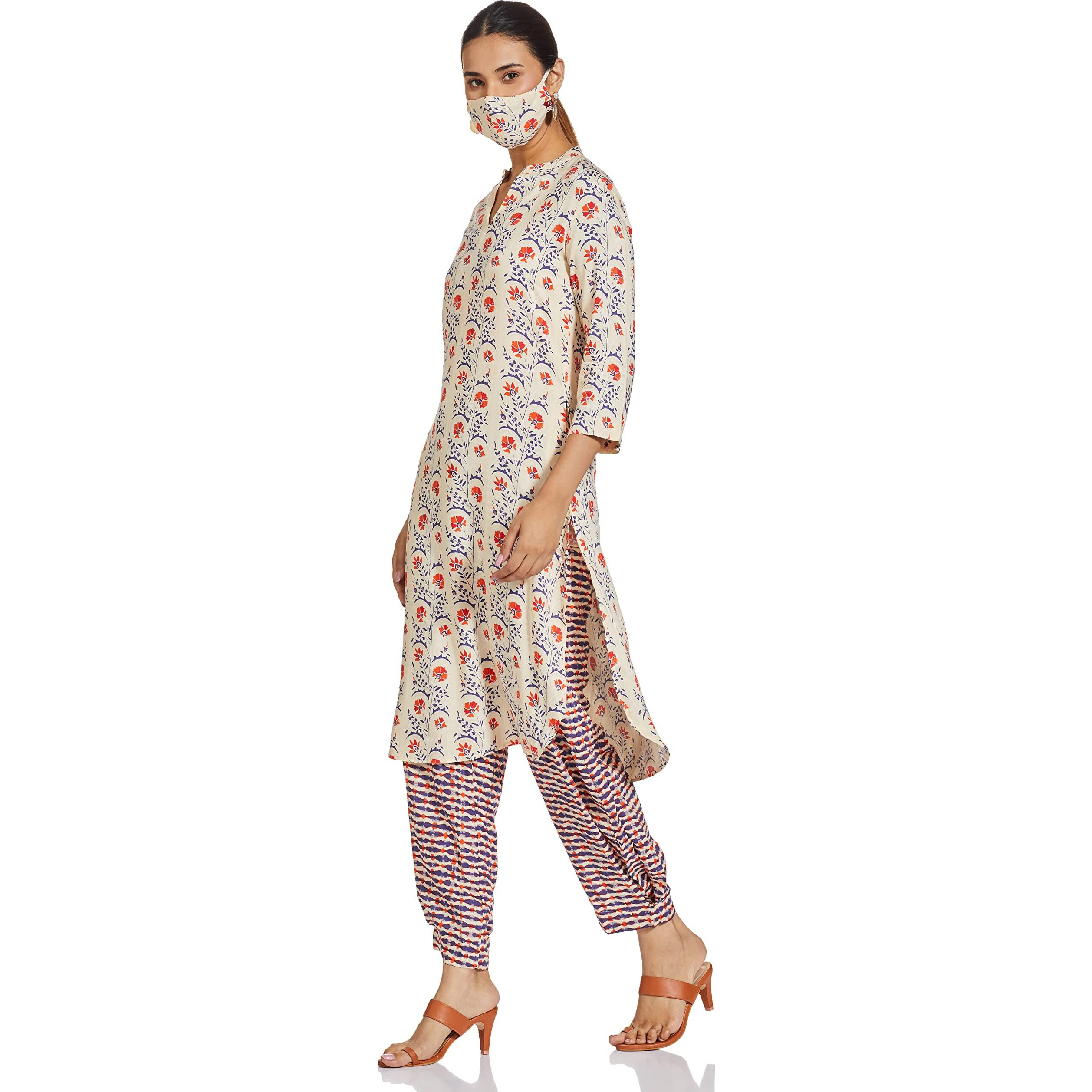 BIBA WOMEN PRINTED NARROW SALWAR KURTA DUPATTA(SKD7427E_CREAM_34)
