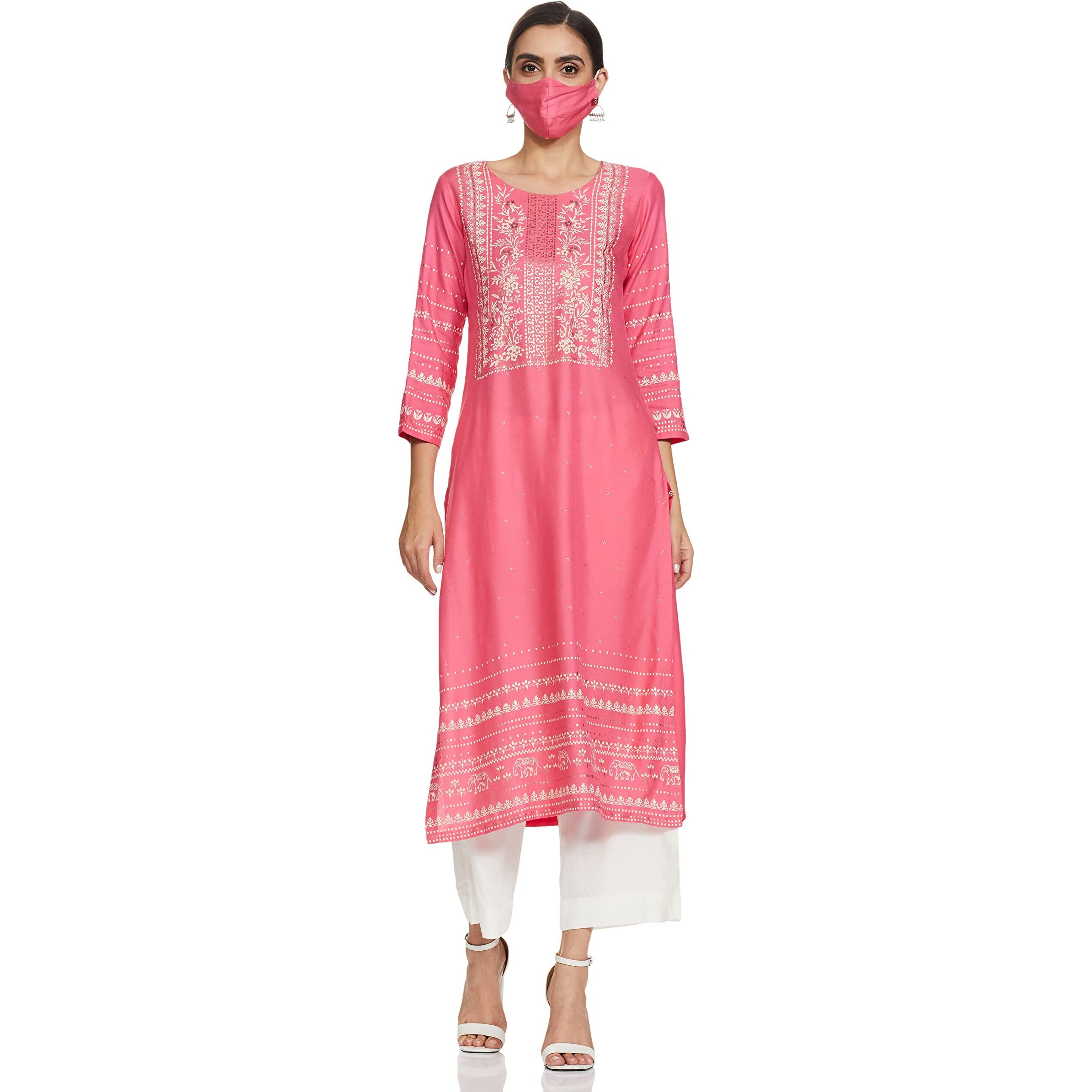 BIBA WOMEN PRINTED RELAXED SALWAR KURTA DUPATTA(SKD7446E_PINK_32)