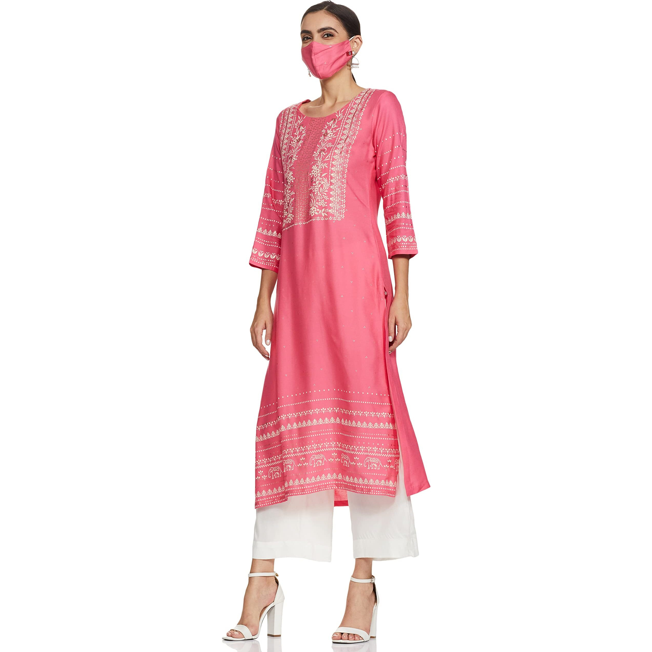 BIBA WOMEN PRINTED RELAXED SALWAR KURTA DUPATTA(SKD7446E_PINK_32)