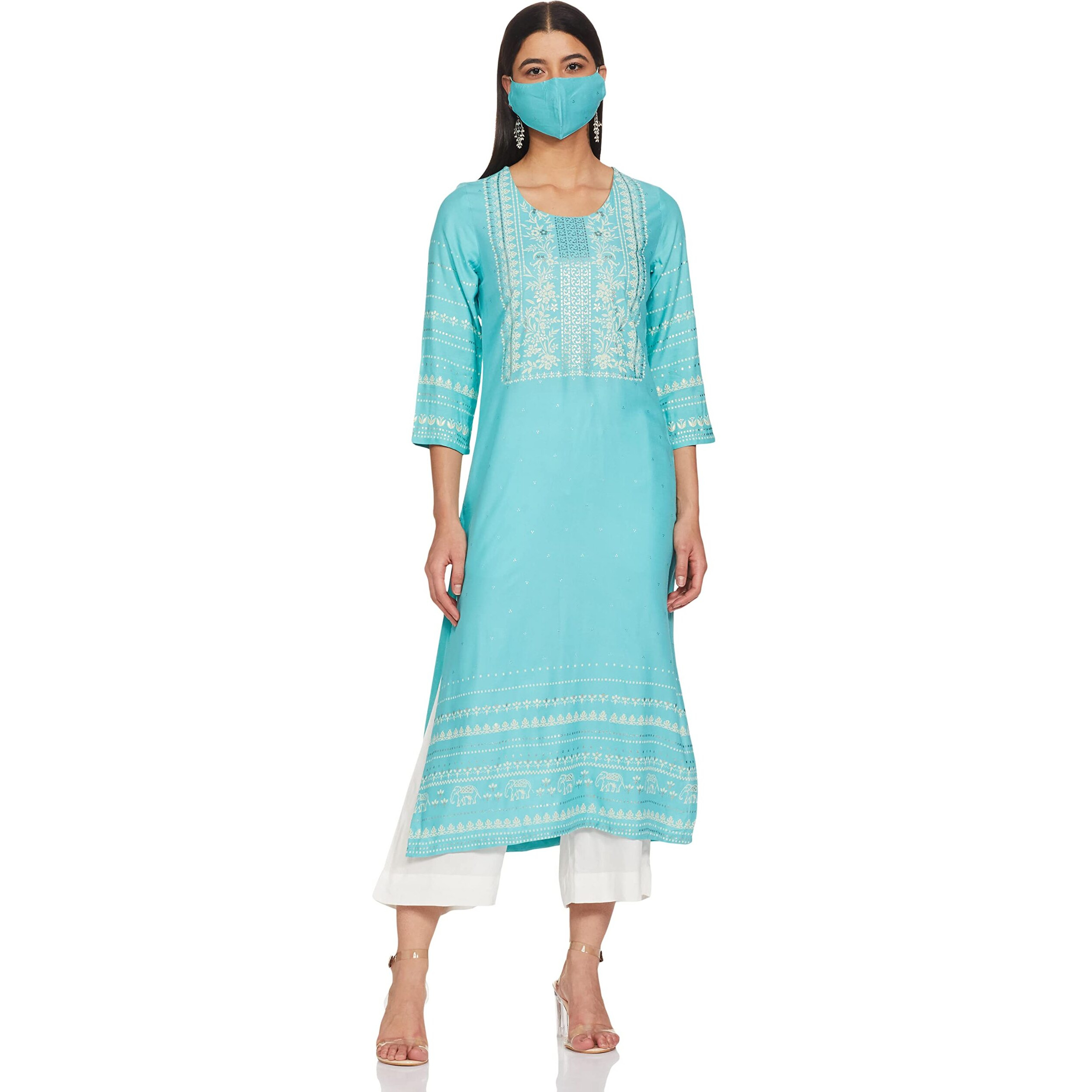 BIBA WOMEN PRINTED RELAXED SALWAR KURTA DUPATTA(SKD7446E_BLUE_34)