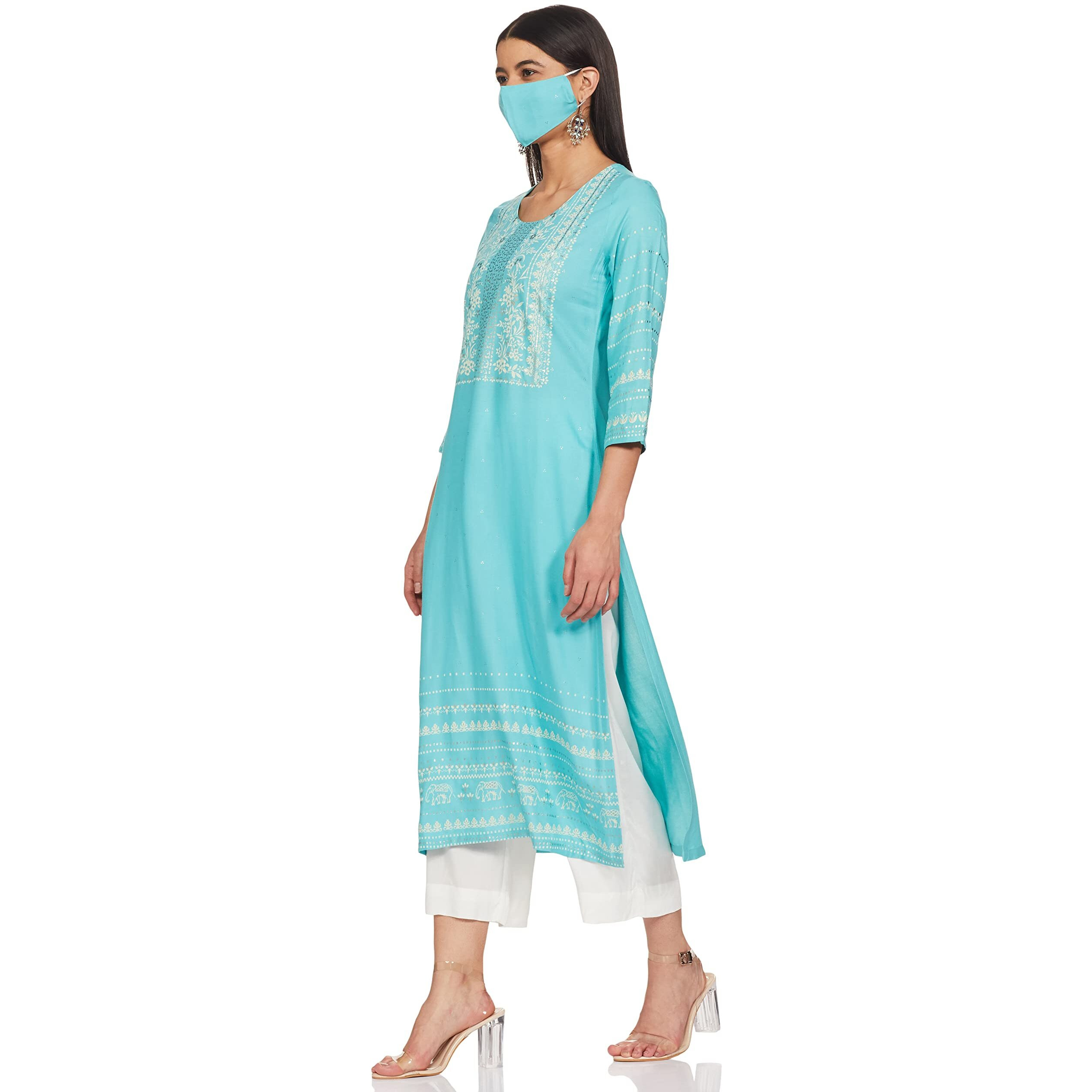 BIBA WOMEN PRINTED RELAXED SALWAR KURTA DUPATTA(SKD7446E_BLUE_34)