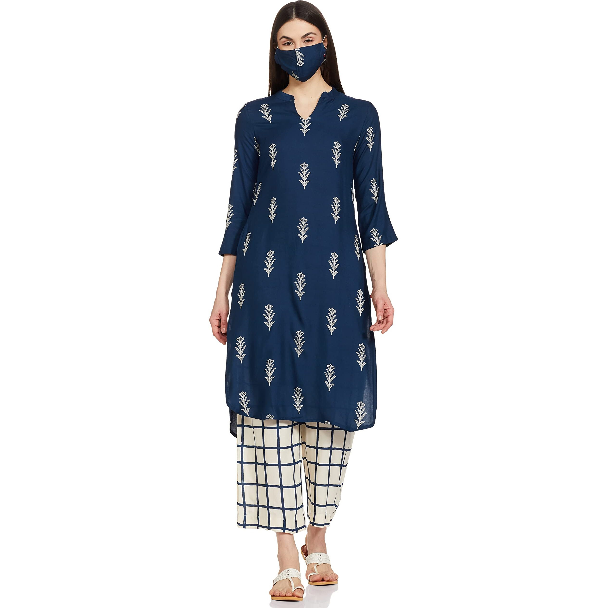BIBA WOMEN PRINTED STRAIGHT SALWAR KURTA DUPATTA(SKD7428E_NAVY_36)