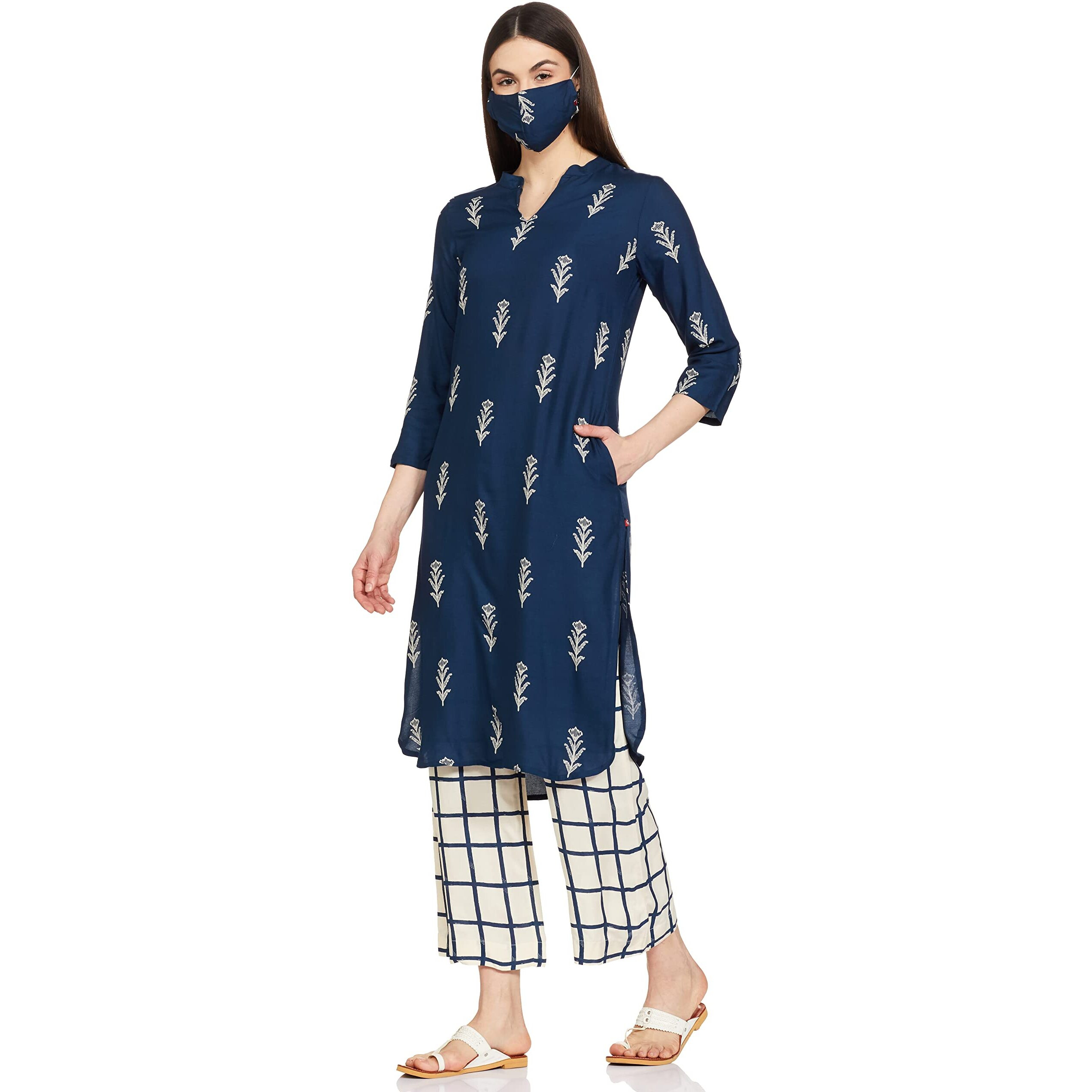 BIBA WOMEN PRINTED STRAIGHT SALWAR KURTA DUPATTA(SKD7428E_NAVY_36)