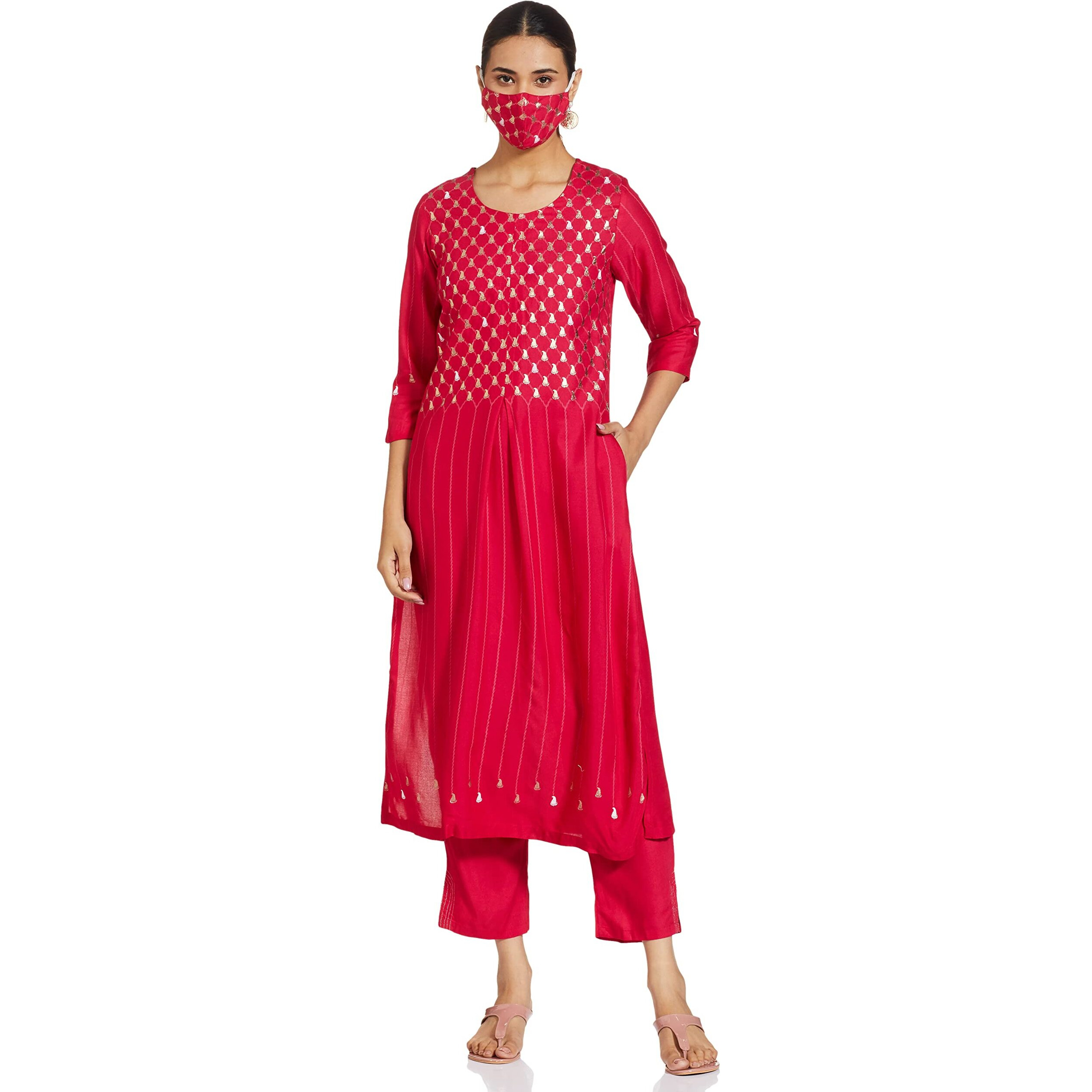 BIBA WOMEN PRINTED NARROW SALWAR KURTA DUPATTA(SKD7437E_FUCHSIA_38)