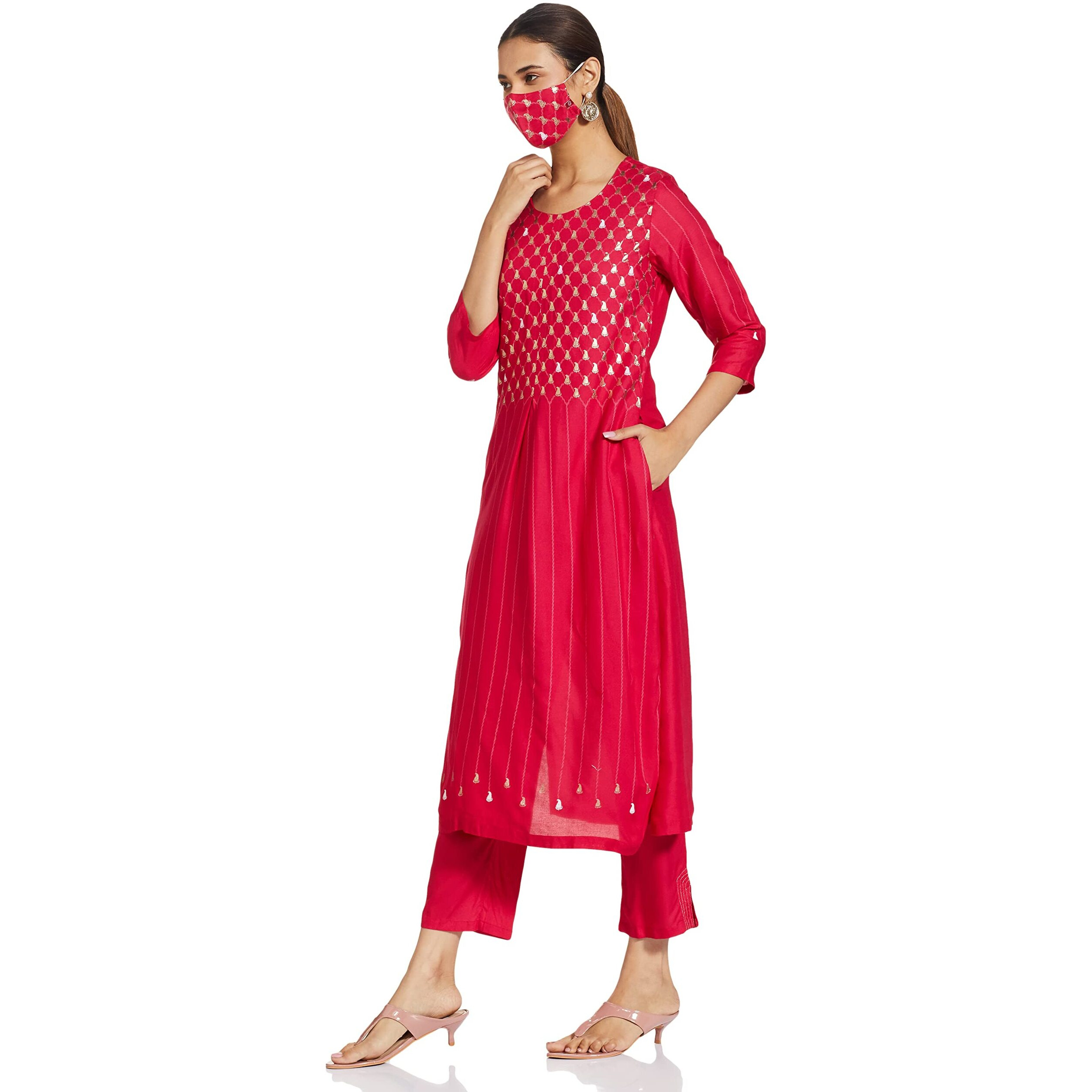 BIBA WOMEN PRINTED NARROW SALWAR KURTA DUPATTA(SKD7437E_FUCHSIA_38)