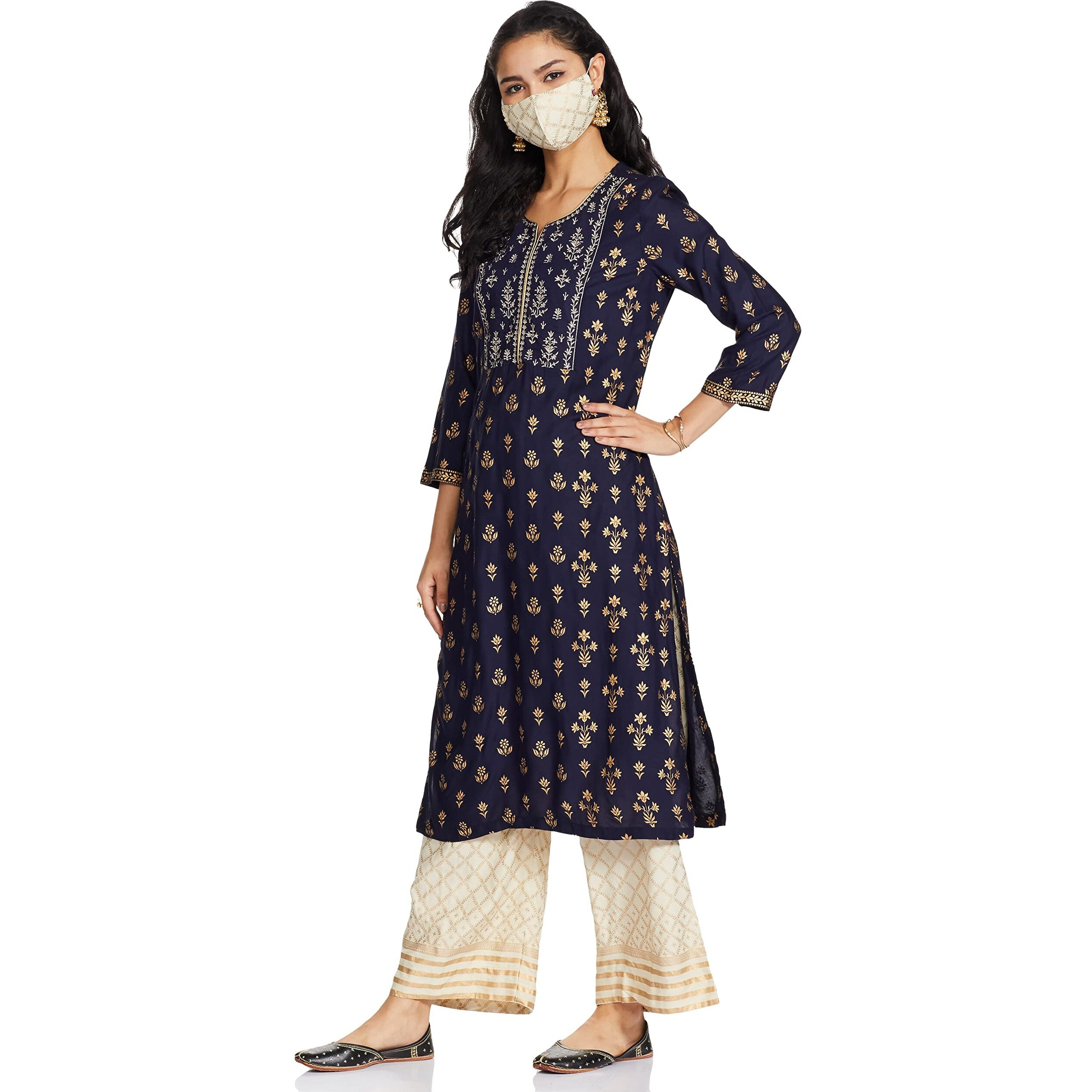 BIBA WOMEN PRINTED STRAIGHT SALWAR KURTA DUPATTA(SKD7451E_NAVY BLUE_36)