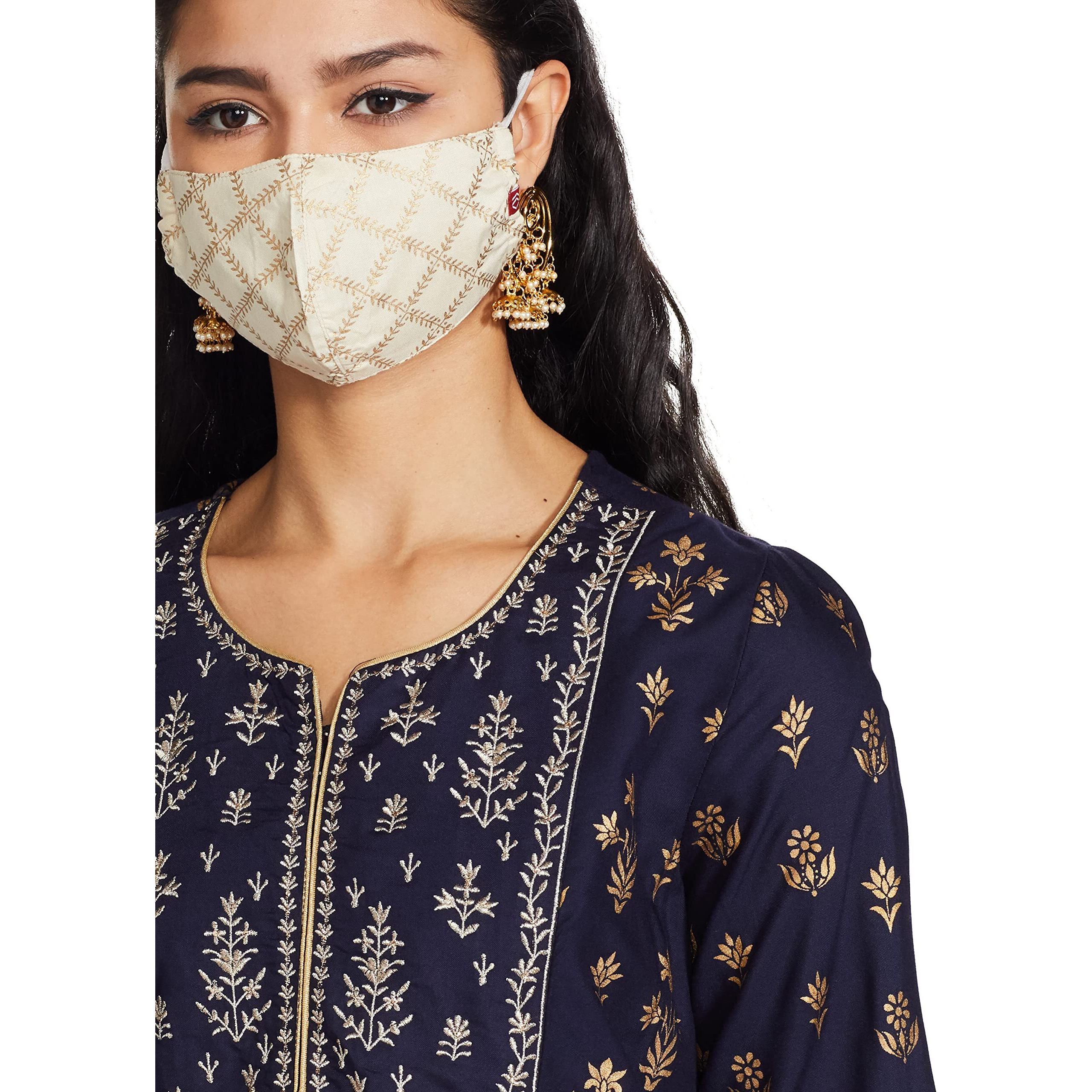 BIBA WOMEN PRINTED STRAIGHT SALWAR KURTA DUPATTA(SKD7451E_NAVY BLUE_36)