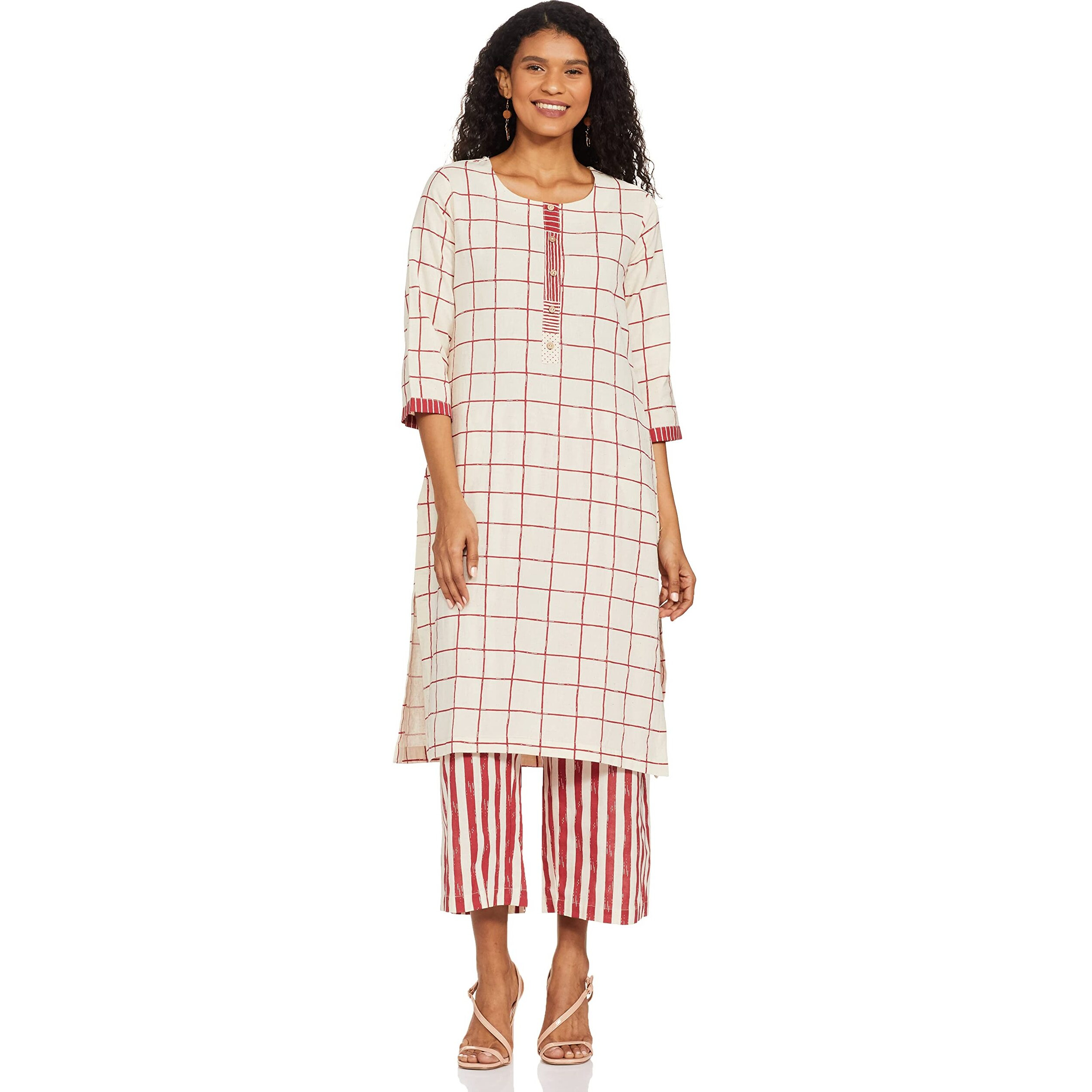 BIBA WOMEN PRINTED STRAIGHT SALWAR KURTA DUPATTA(SKD7430E_NATURAL/BERRY_32)