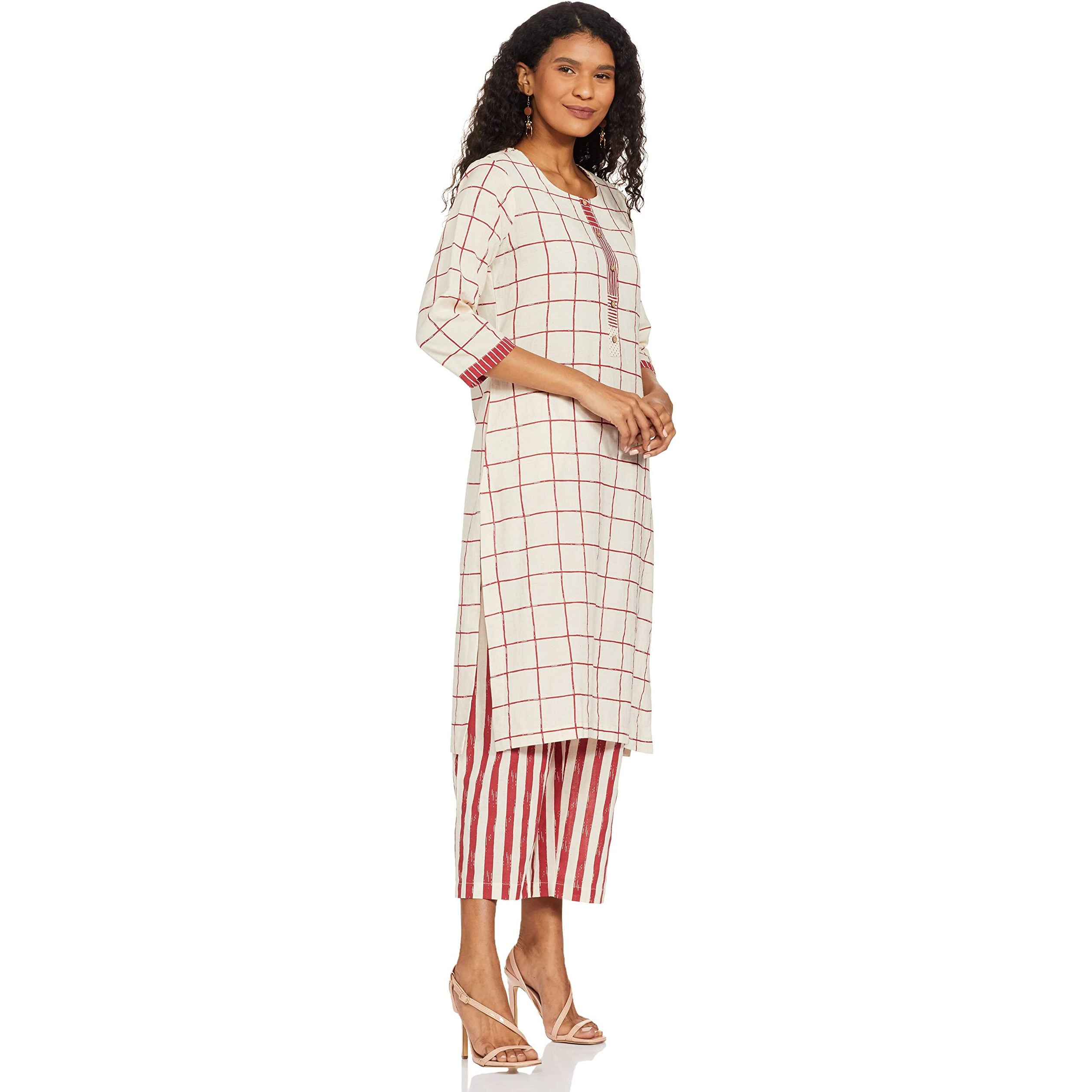 BIBA WOMEN PRINTED STRAIGHT SALWAR KURTA DUPATTA(SKD7430E_NATURAL/BERRY_32)