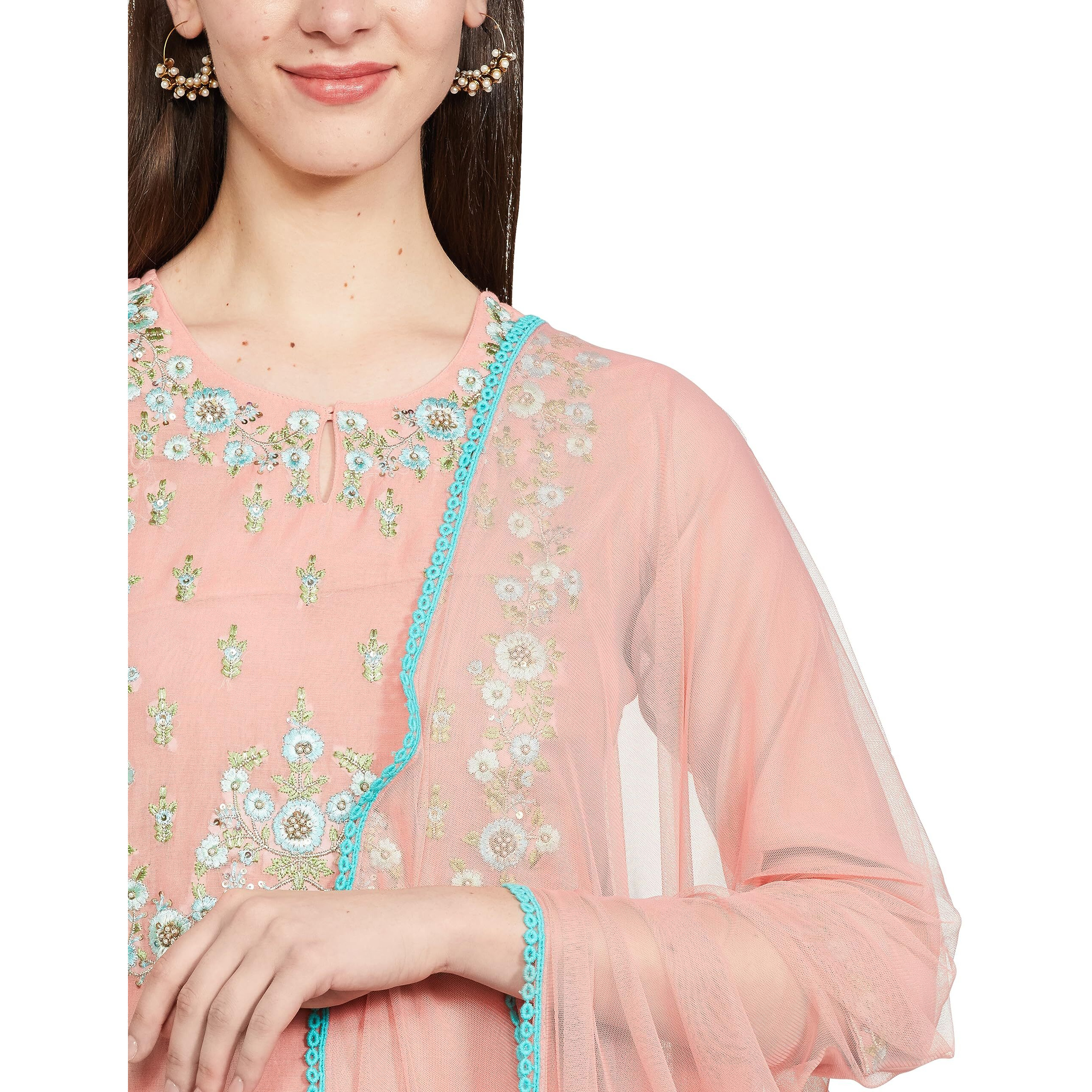 BIBA Polycotton Women Yarndyed Narrow Salwar Kurta Dupatta(Skd7456E_Peach_32)