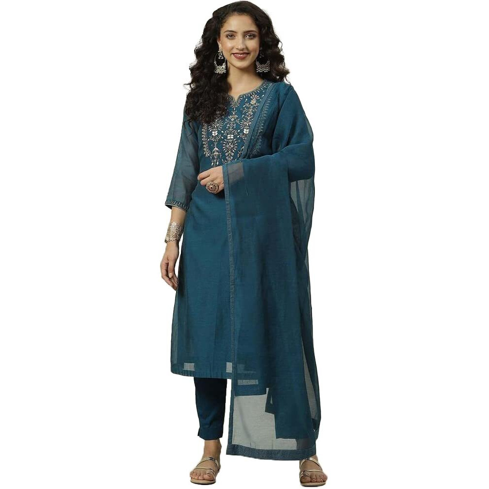 BIBA WOMEN SOLID EMBROIDRED NARROW SALWAR KURTA DUPATTA(SKDASSORTED7678_BLUE_42)