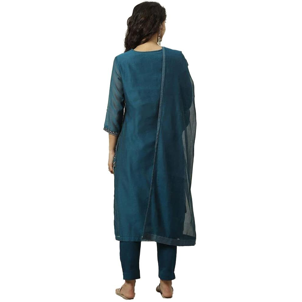 BIBA WOMEN SOLID EMBROIDRED NARROW SALWAR KURTA DUPATTA(SKDASSORTED7678_BLUE_42)