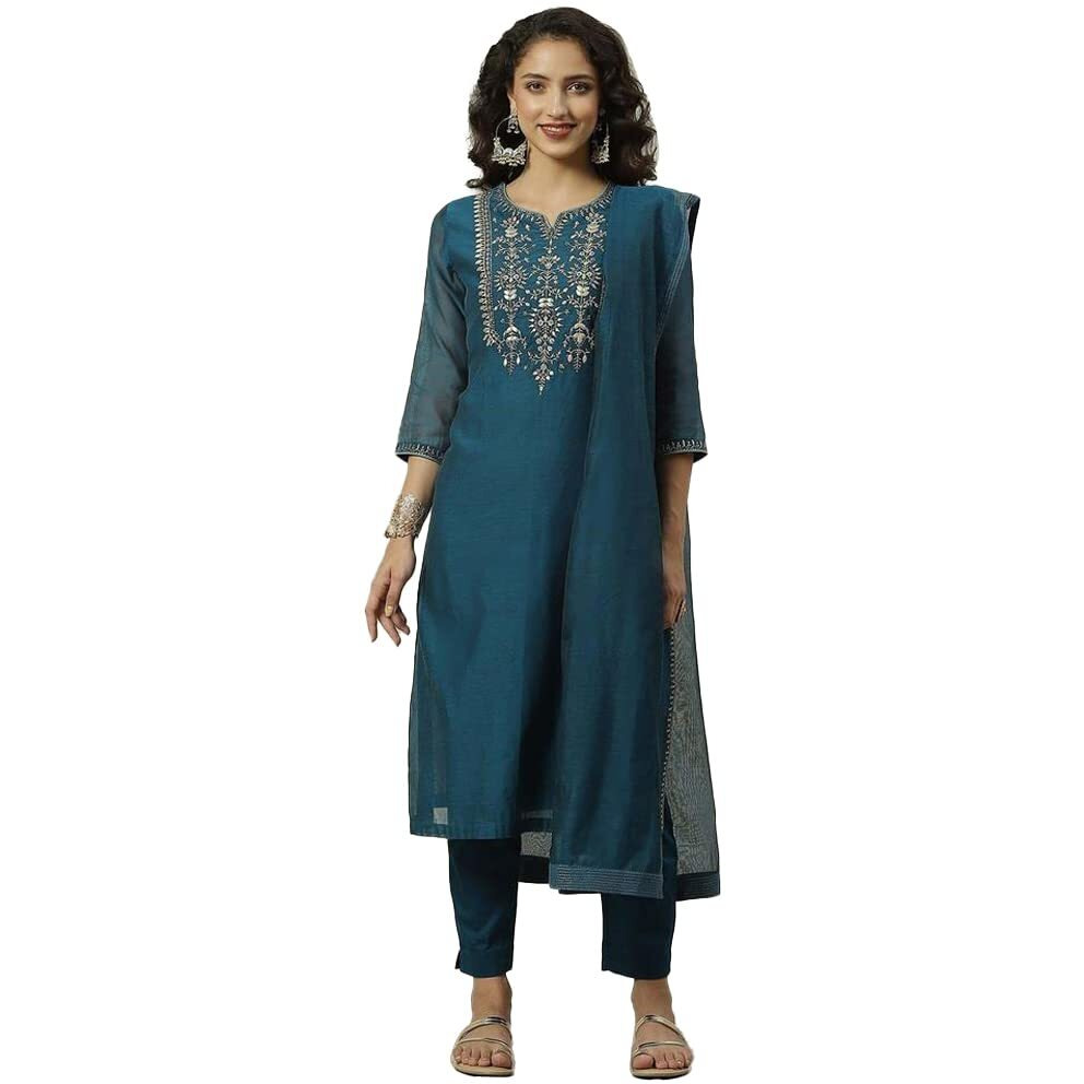 BIBA WOMEN SOLID EMBROIDRED NARROW SALWAR KURTA DUPATTA(SKDASSORTED7678_BLUE_42)