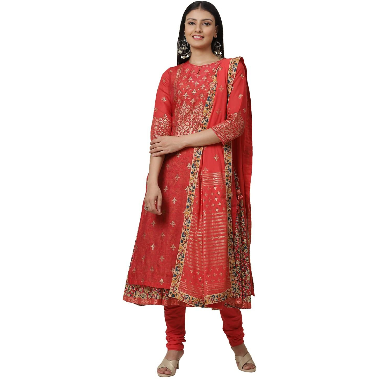 BIBA Women's Printed Fitted Salwar Kurta Dupatta(Skddurgotsa7567_Red_38) - Polyester