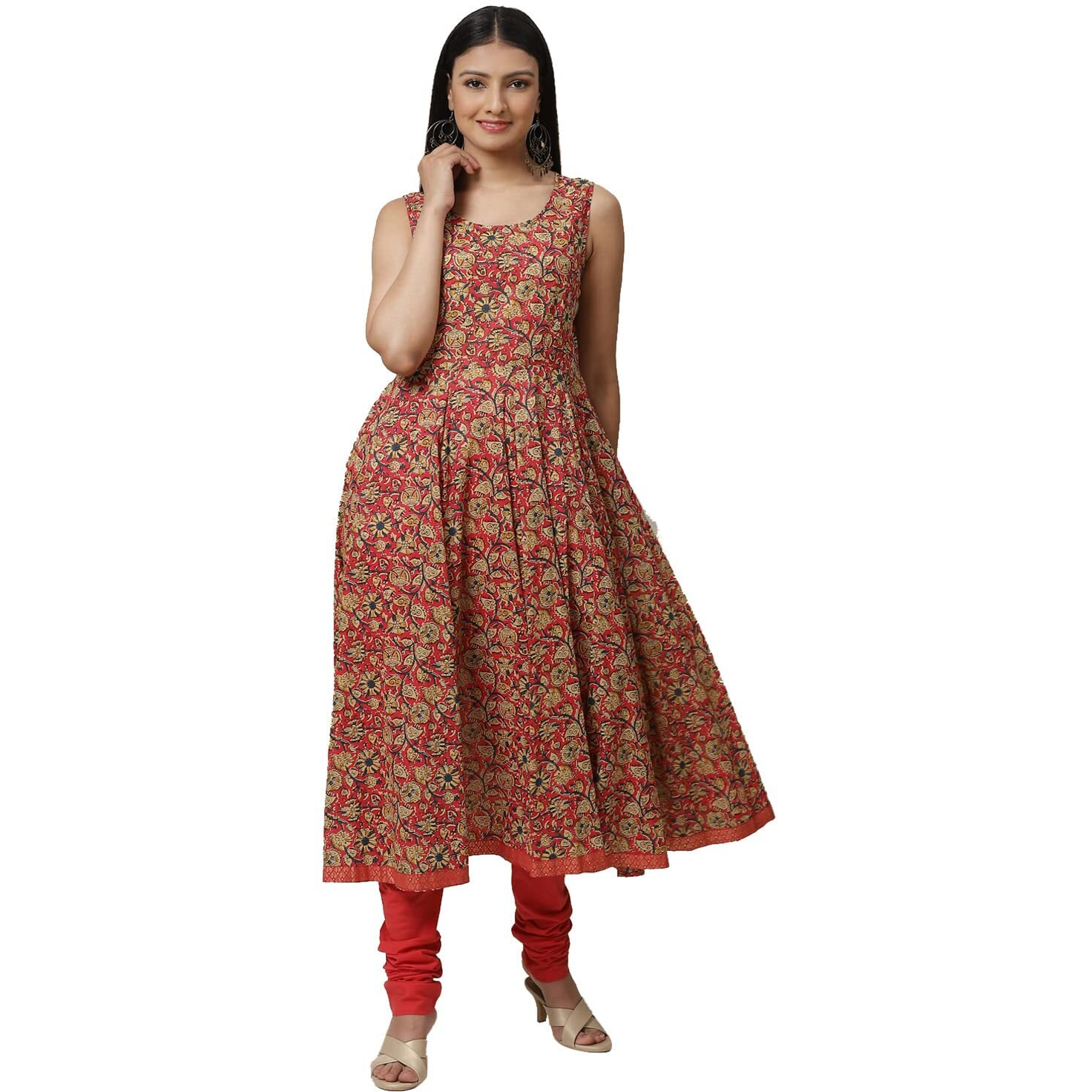 BIBA Women's Printed Fitted Salwar Kurta Dupatta(Skddurgotsa7567_Red_38) - Polyester