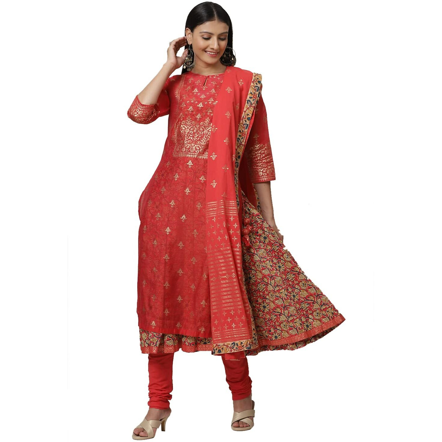 BIBA Women's Printed Fitted Salwar Kurta Dupatta(Skddurgotsa7567_Red_38) - Polyester