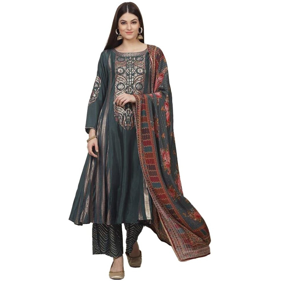 BIBA WOMEN PRINTED STRAIGHT SALWAR KURTA DUPATTA(SKDGOLDEN F7586_TEA GREEN_32)