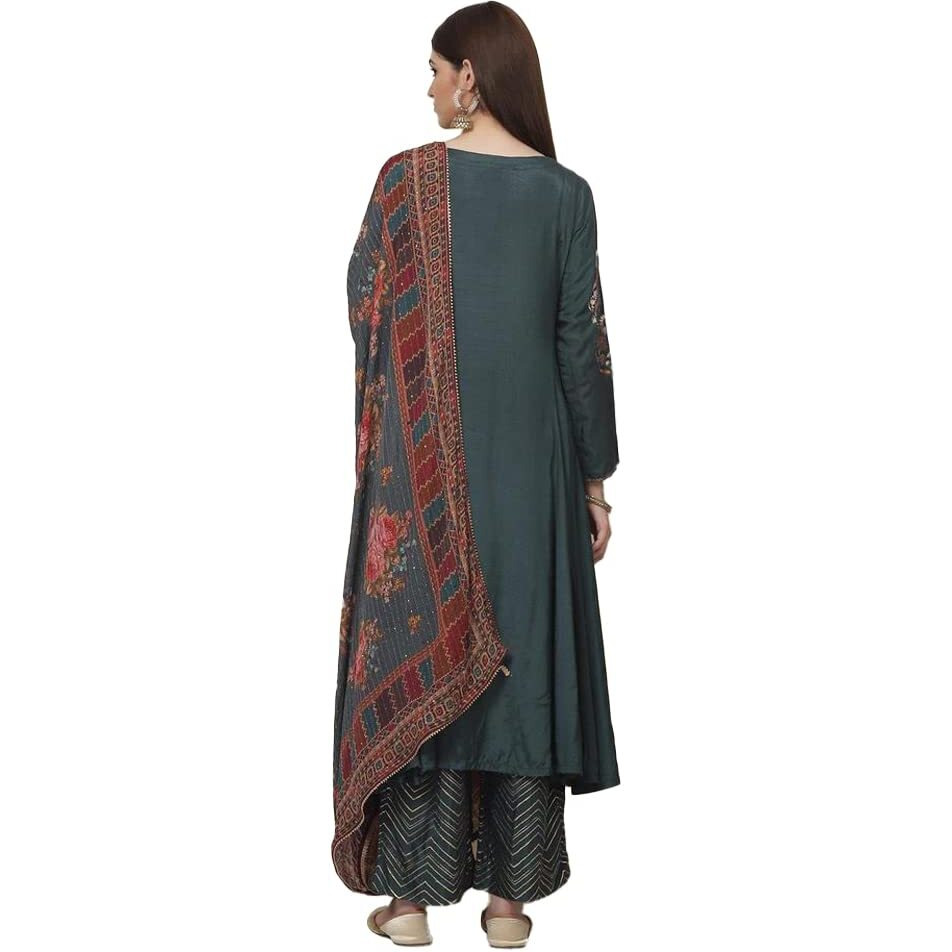 BIBA WOMEN PRINTED STRAIGHT SALWAR KURTA DUPATTA(SKDGOLDEN F7586_TEA GREEN_32)