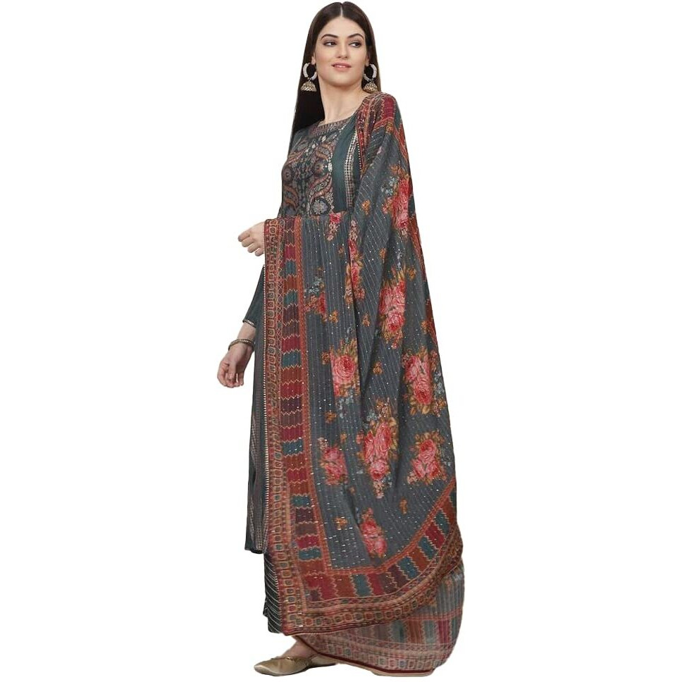 BIBA WOMEN PRINTED STRAIGHT SALWAR KURTA DUPATTA(SKDGOLDEN F7586_TEA GREEN_32)
