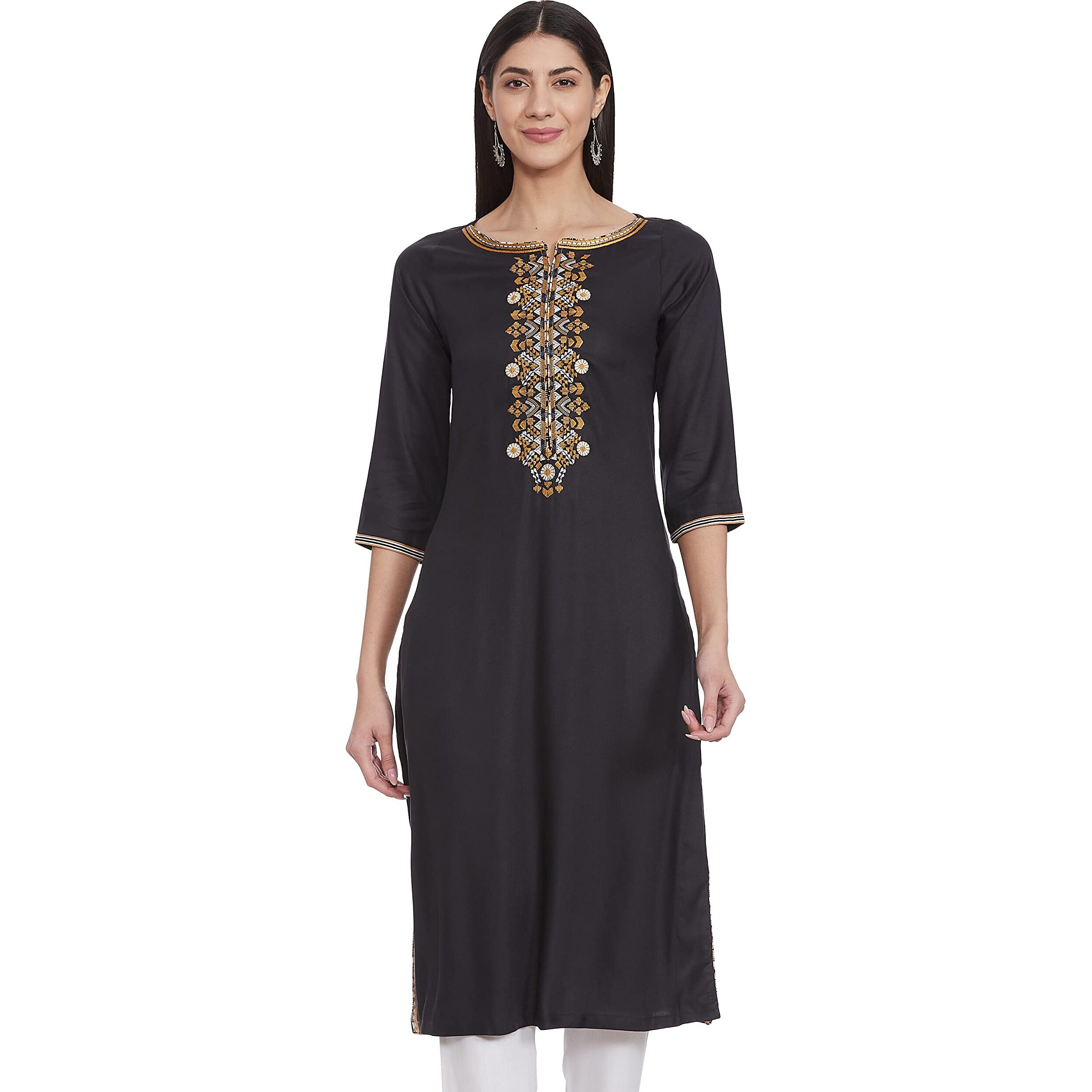BIBA Rayon, Regular, Kurta Women's Solid Mix and Match(Mnminto The14230_Black_32)