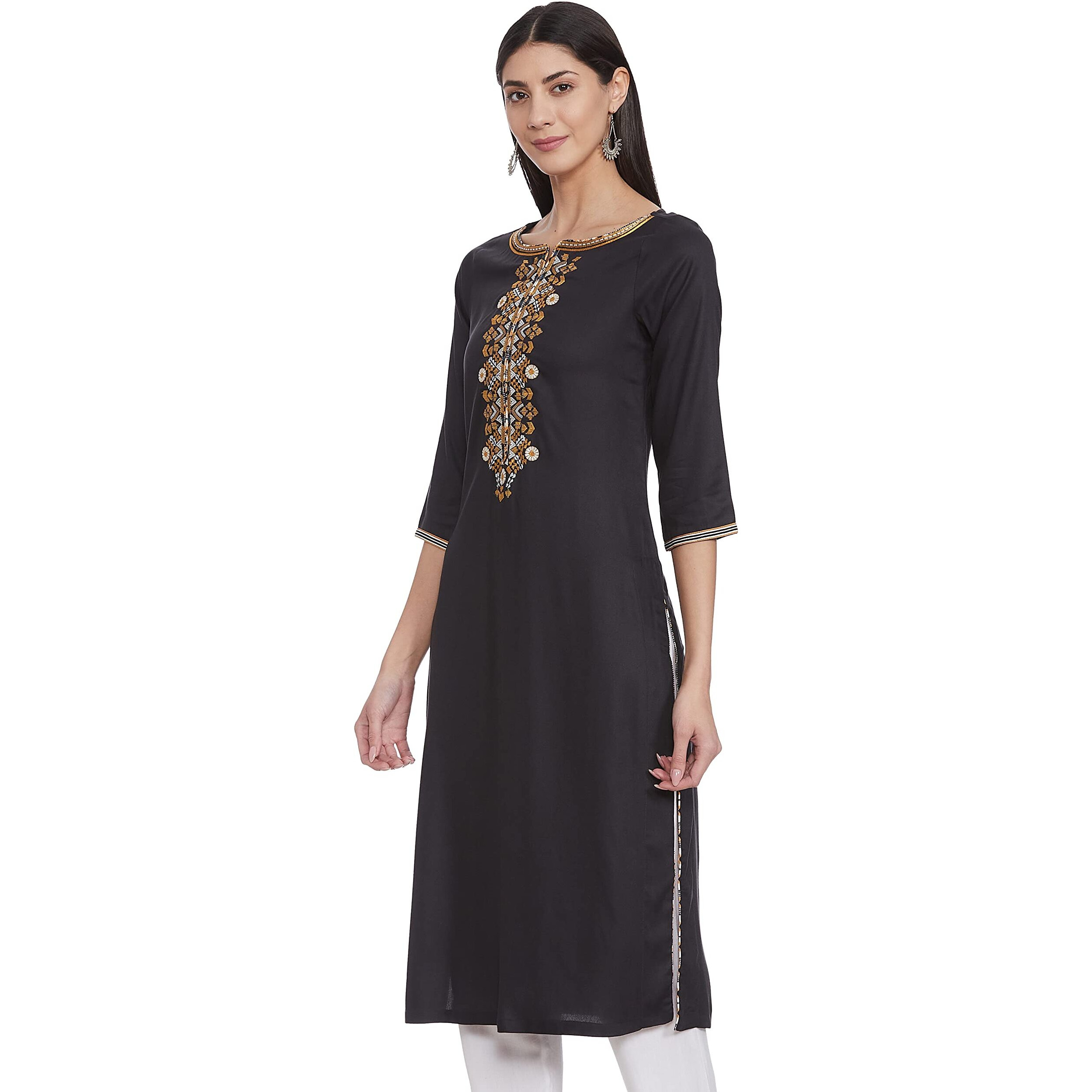 BIBA Rayon, Regular, Kurta Women's Solid Mix and Match(Mnminto The14230_Black_32)