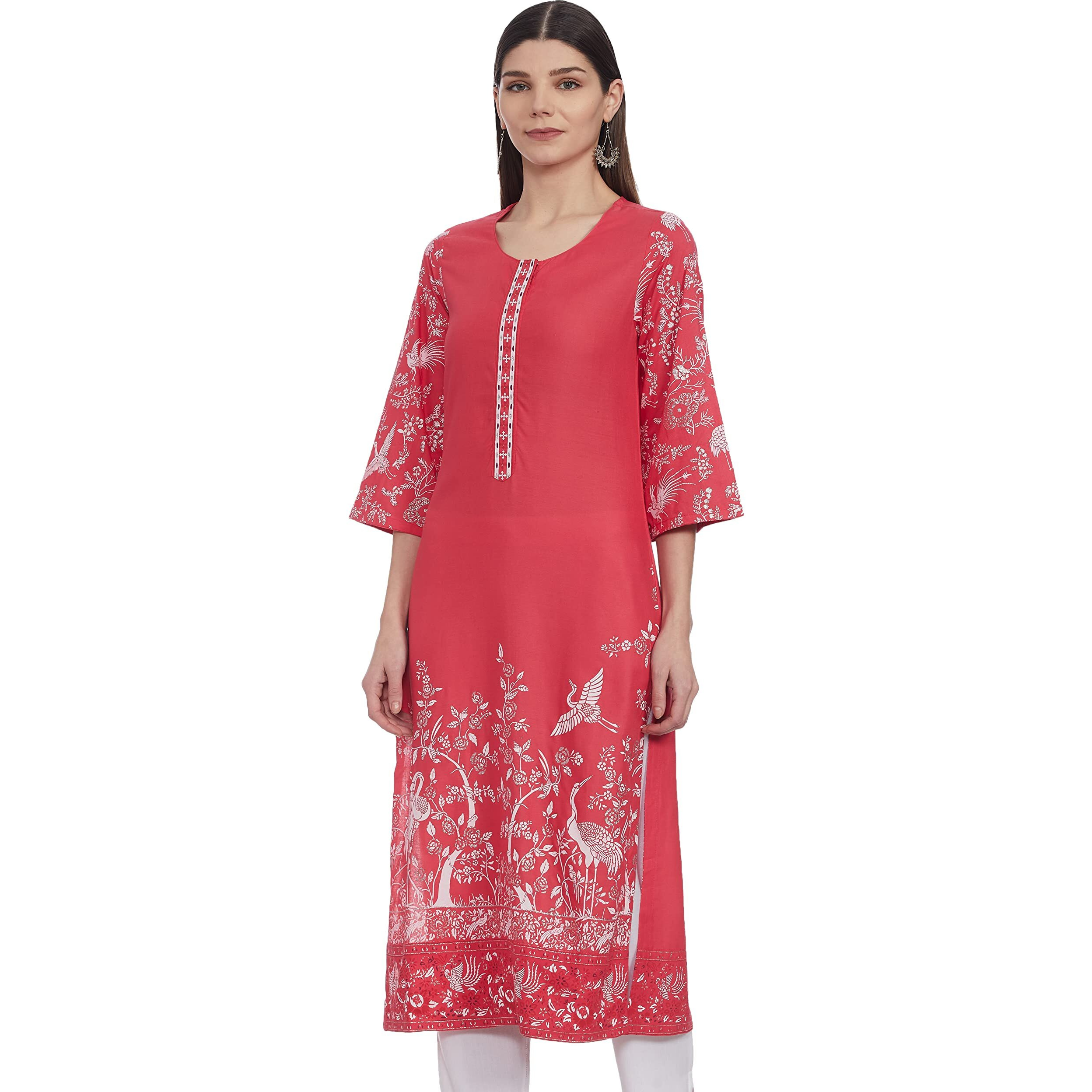 BIBA Rayon, Straight, Kurta Women's Printed Mix And Match(Mnmparsi Ga14294_Pink_34)