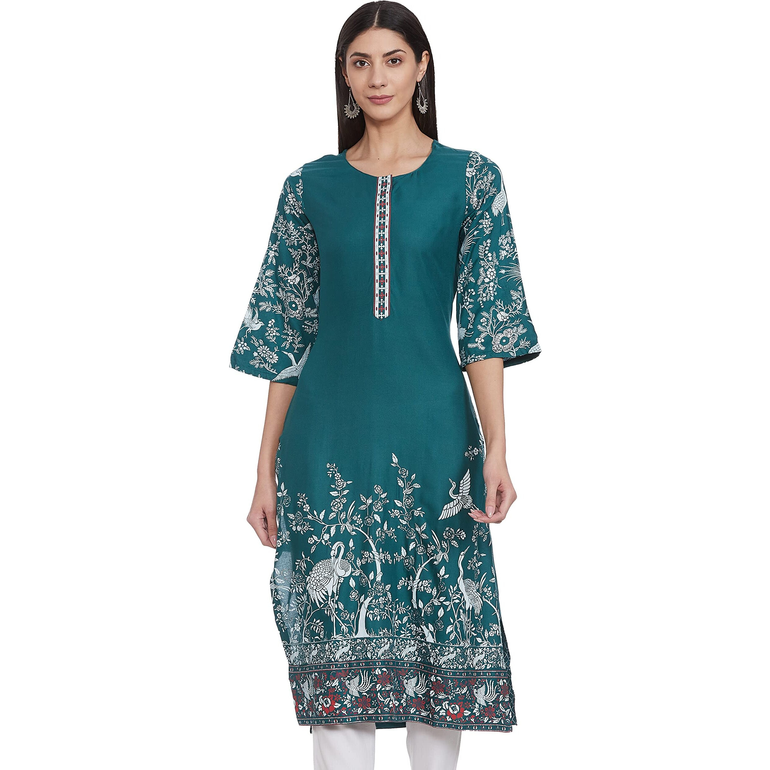 BIBA Rayon Women's Printed Straight Kurta Mix And Match(Mnmparsi Ga14294_Green_32)