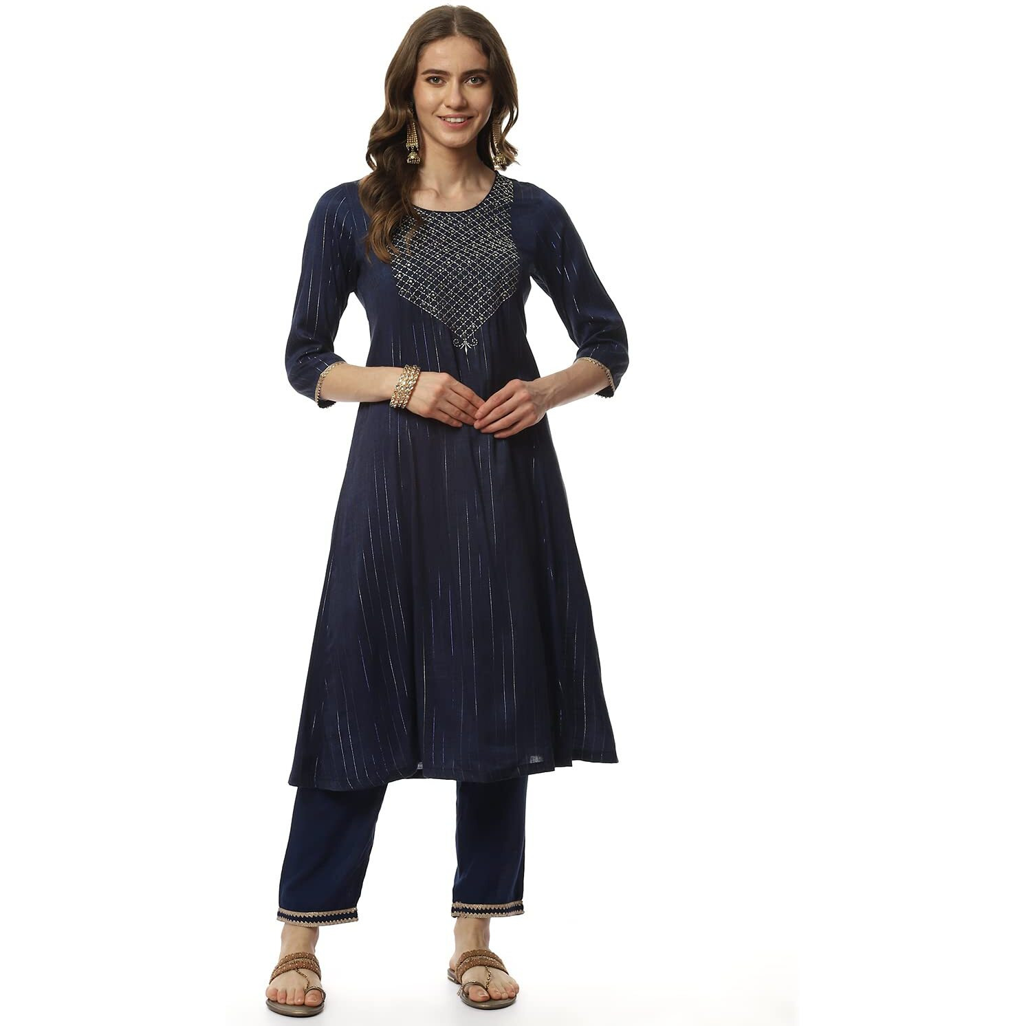 BIBA WOMEN YARNDYED RELAXED SALWAR KURTA DUPATTA(SKD8030_NAVY BLUE_36)
