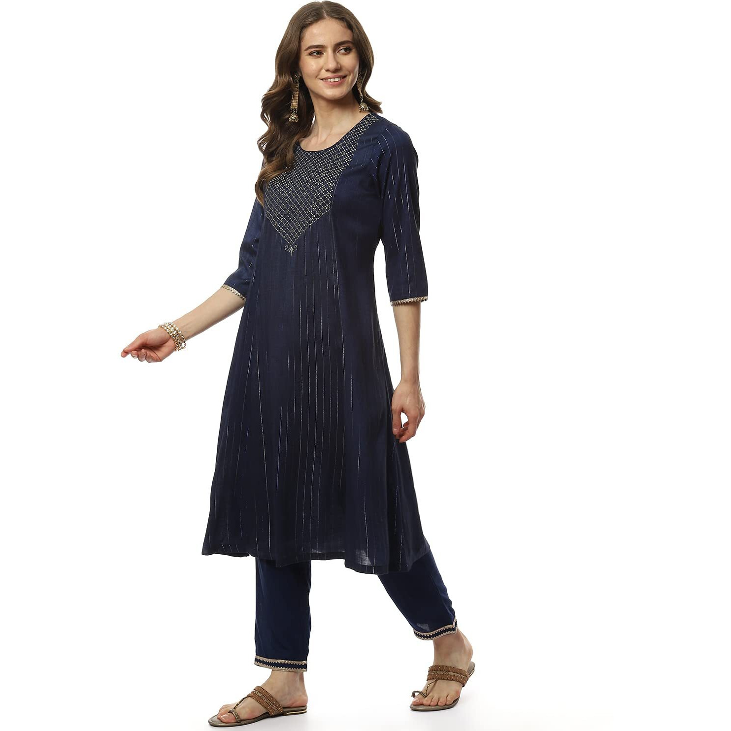 BIBA WOMEN YARNDYED RELAXED SALWAR KURTA DUPATTA(SKD8030_NAVY BLUE_36)
