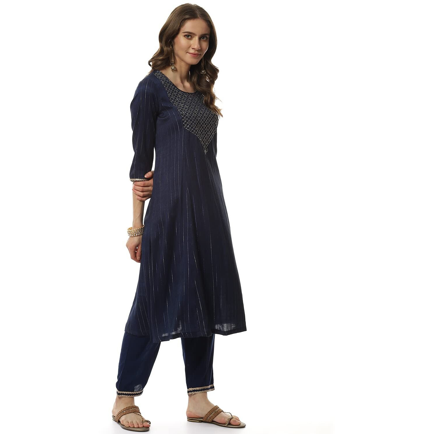 BIBA WOMEN YARNDYED RELAXED SALWAR KURTA DUPATTA(SKD8030_NAVY BLUE_36)
