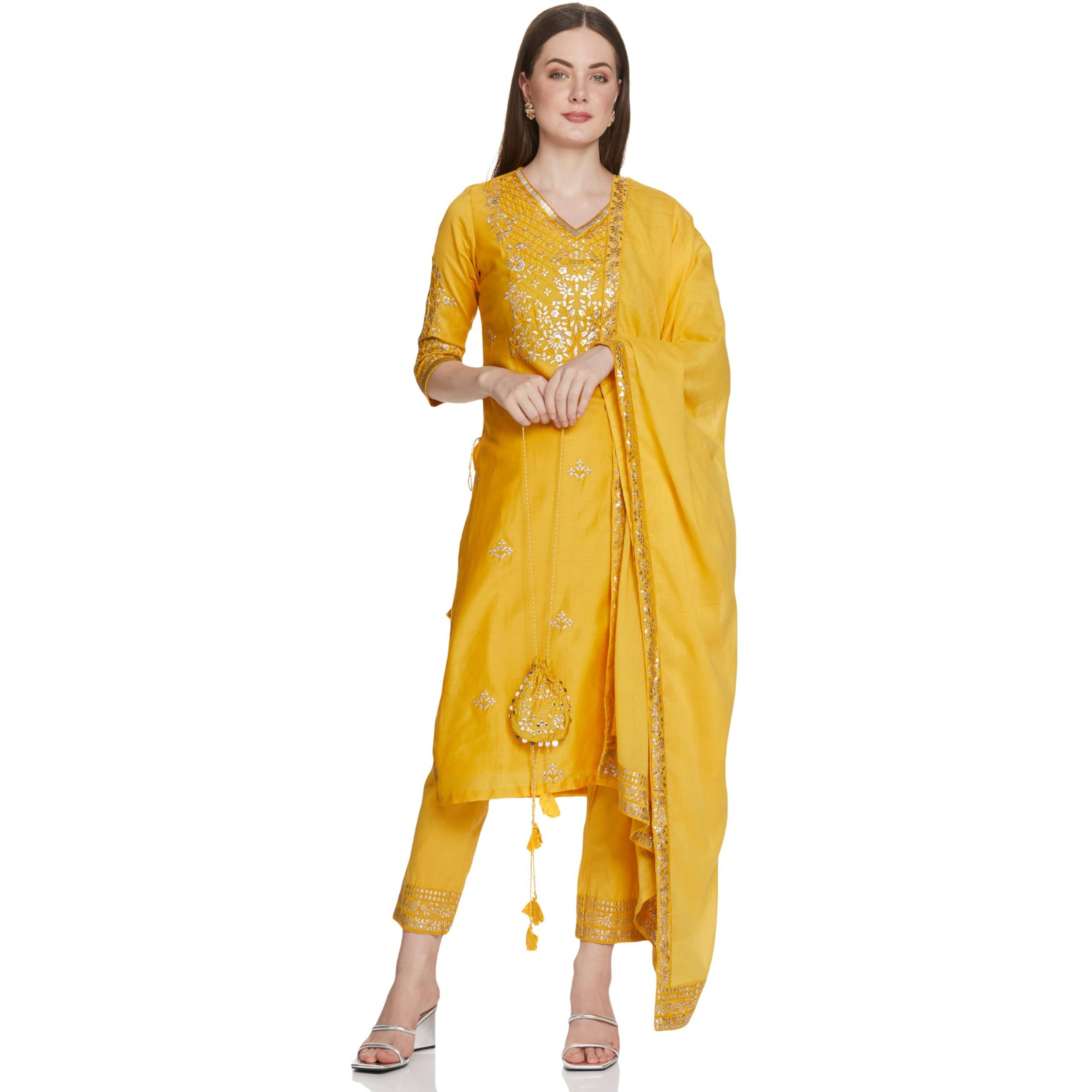 BIBA WOMEN EMBROIDERY NARROW SALWAR KURTA DUPATTA(SKDZARINAMA7796_YELLOW_42)