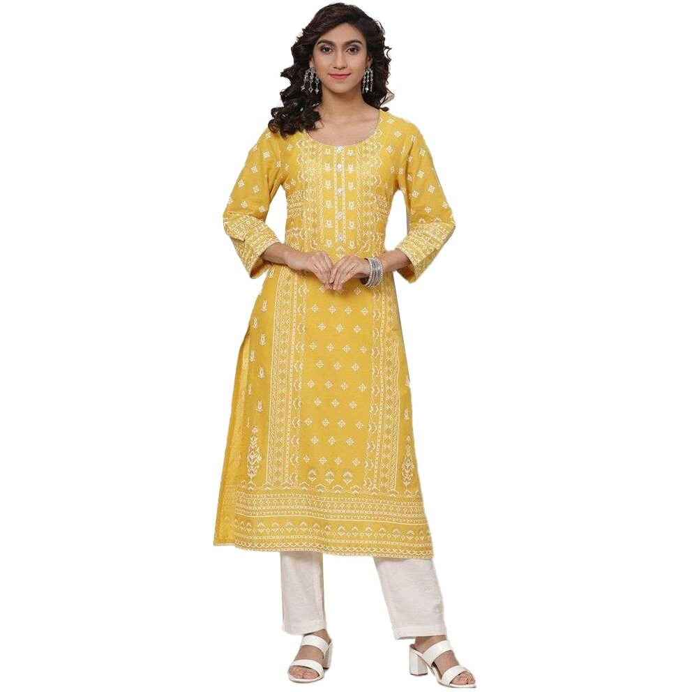 BIBA Printed Round Neck Straight Fit Womens Kurta (Mustard,34)