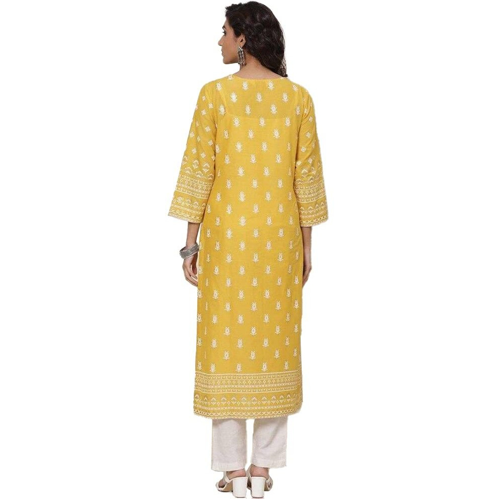 BIBA Printed Round Neck Straight Fit Womens Kurta (Mustard,34)