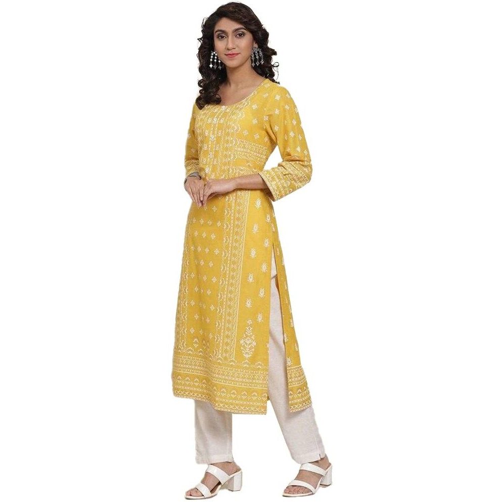 BIBA Printed Round Neck Straight Fit Womens Kurta (Mustard,34)