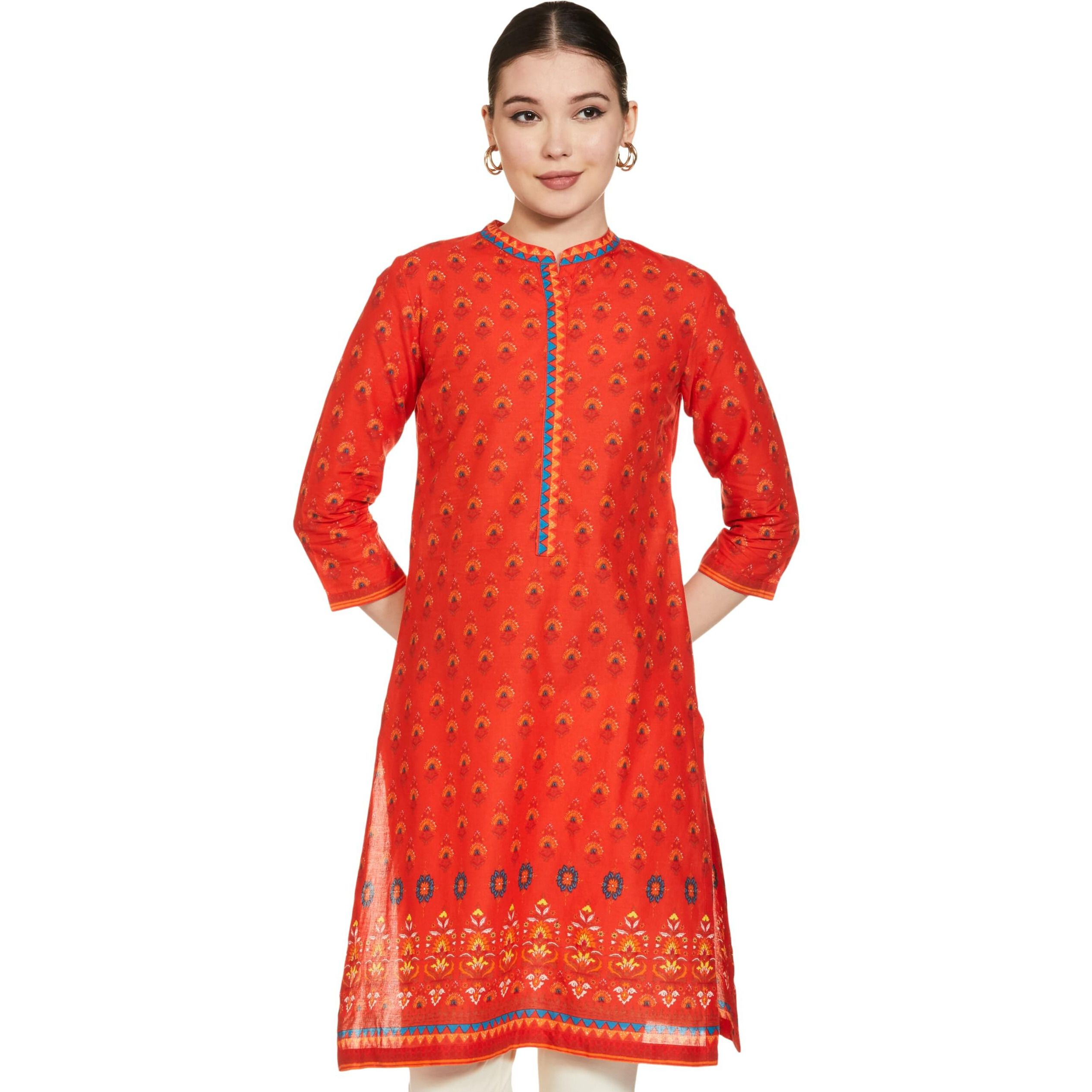 BIBA Women's Cotton Regular Tunic Shirt Printed Mix and Match(Distribu15375_Orange_34)
