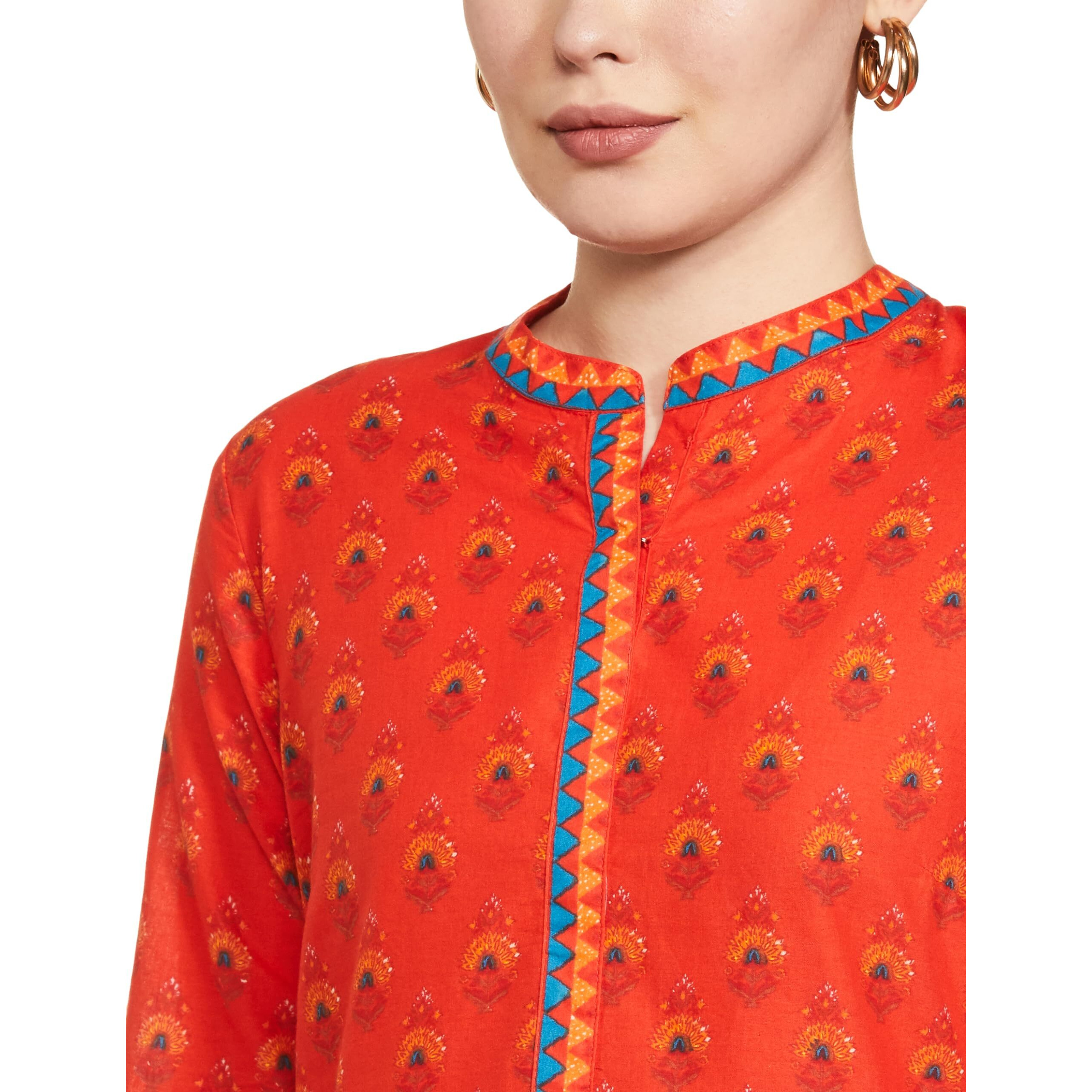 BIBA Women's Cotton Regular Tunic Shirt Printed Mix and Match(Distribu15375_Orange_34)