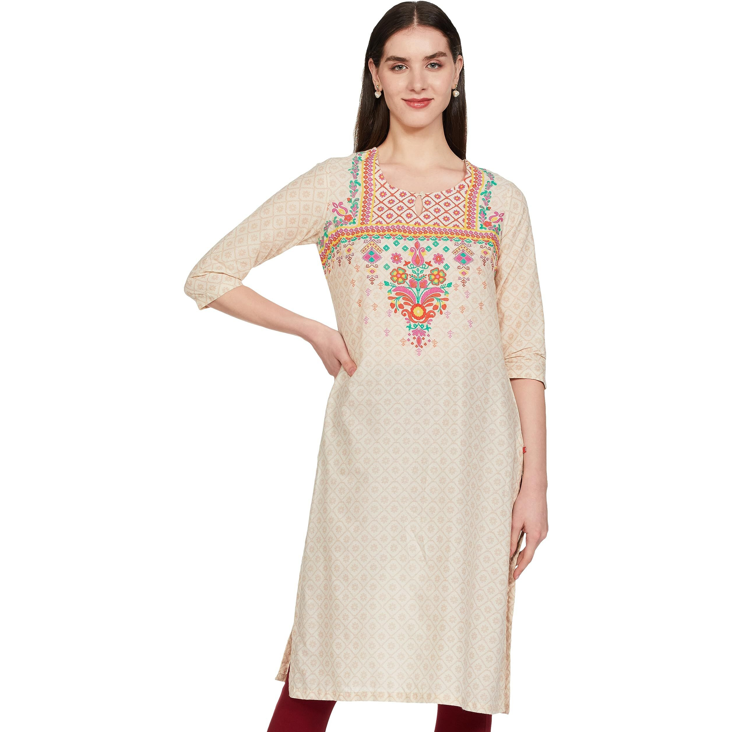 BIBA Women Cotton Printed Regular Mix and Match Tunic Shirt(Distribu15376_Cream_34)