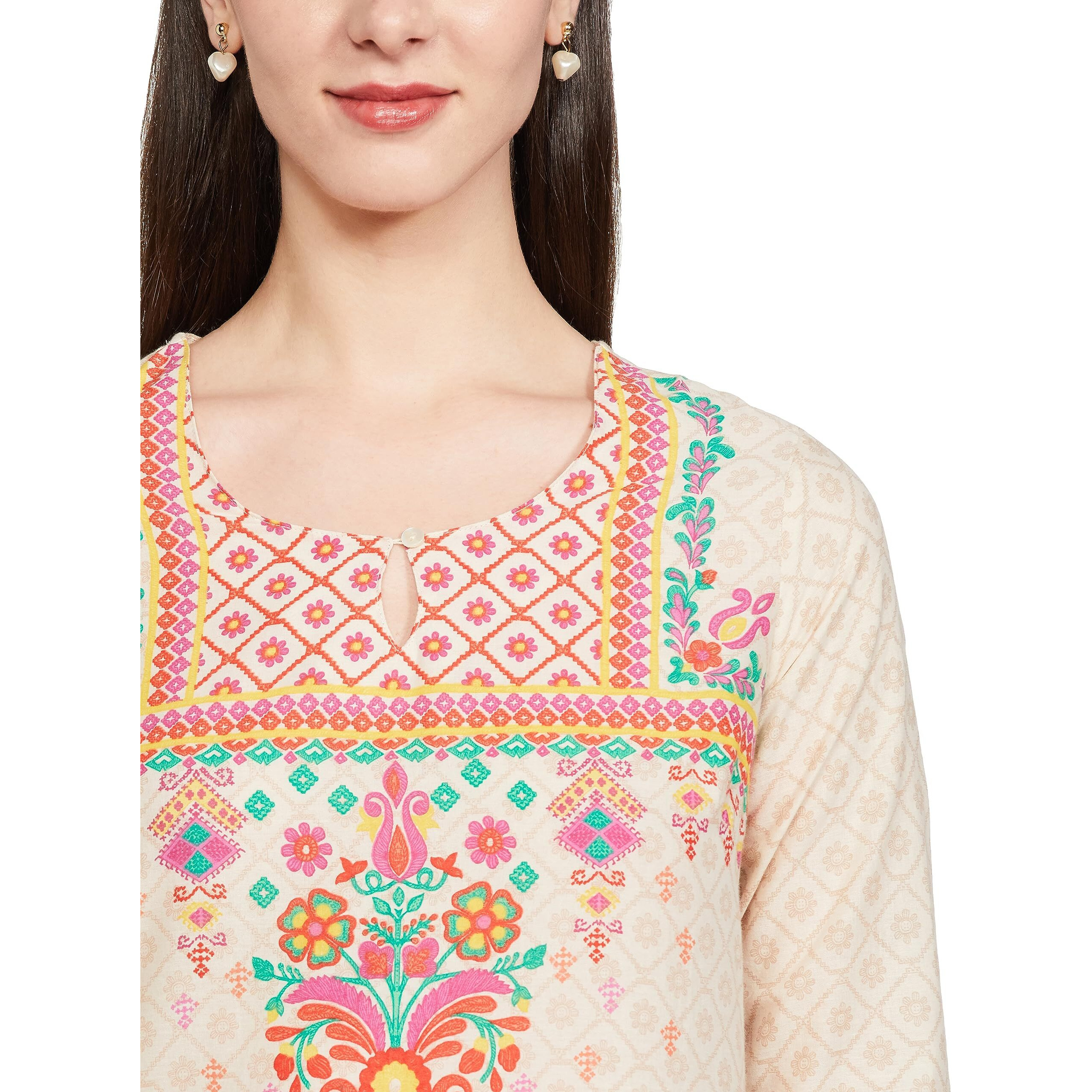 BIBA Women Cotton Printed Regular Mix and Match Tunic Shirt(Distribu15376_Cream_34)