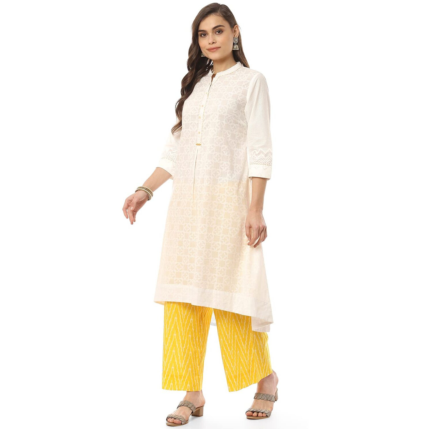 BIBA WOMEN PRINTED NARROW SALWAR KURTA DUPATTA(SKD8053_WHITE/YELLOW_42)