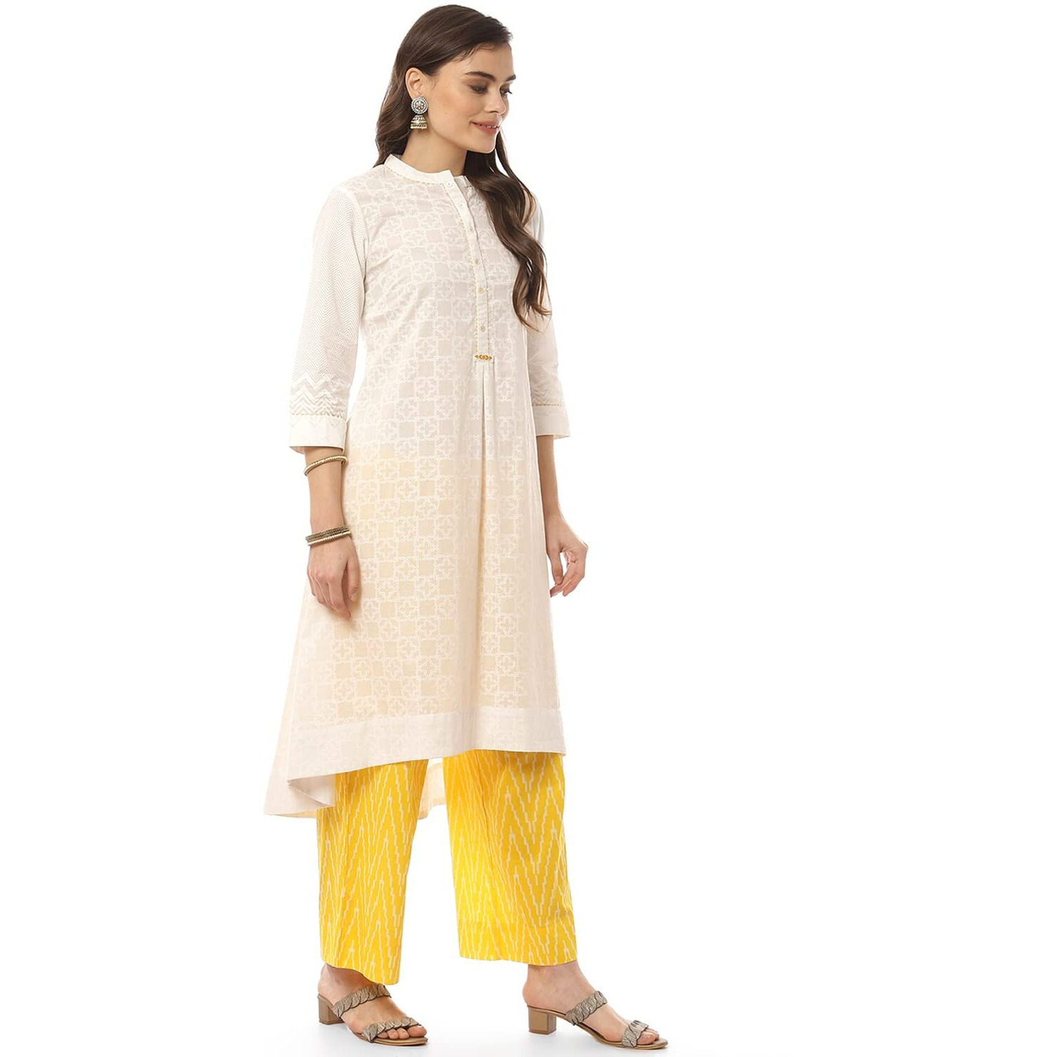 BIBA WOMEN PRINTED NARROW SALWAR KURTA DUPATTA(SKD8053_WHITE/YELLOW_42)