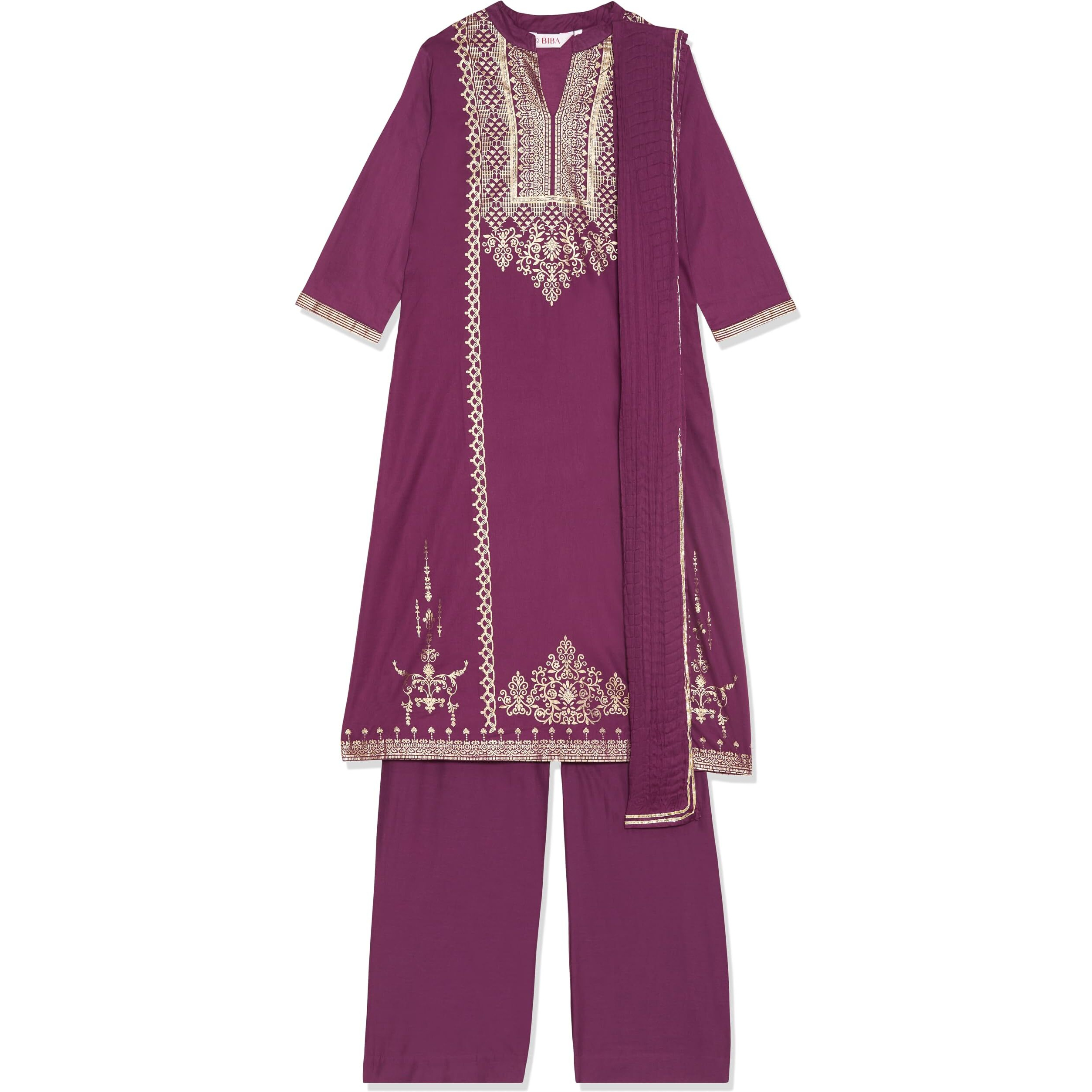 BIBA Women Cotton Straight Printed Suit Set (SKDSKD7028EAW21WNE_Red