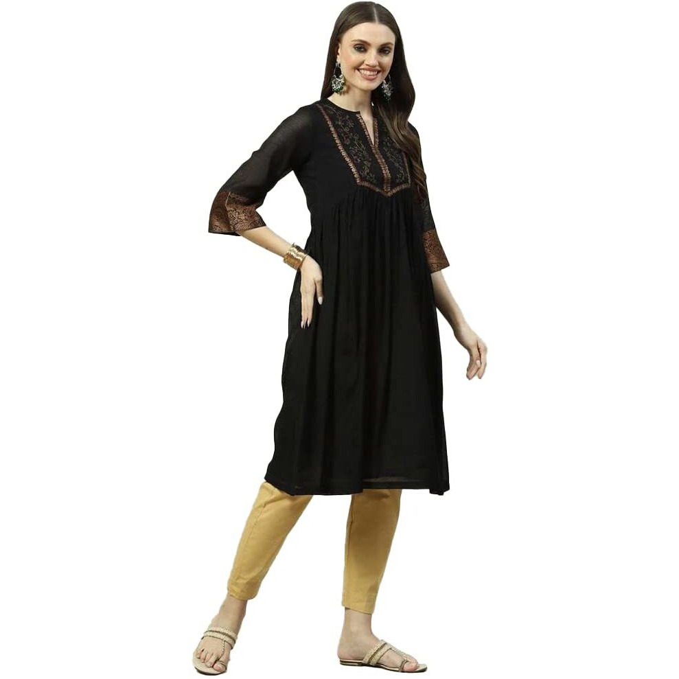 BIBA Women Polyester Self Design A Line Kurta(RAJWADA18440_Black_2XL)